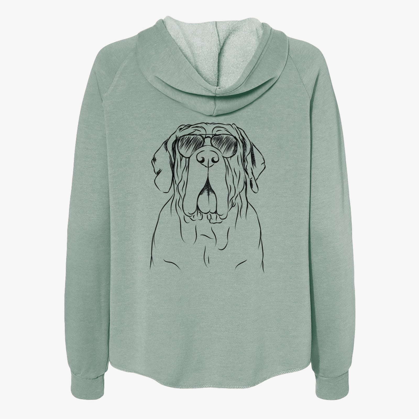 Hand-drawn sketch of Dinah the Neapolitan Mastiff wearing aviator sunglasses on a Sage Women's cali wave zip-up sweatshirt