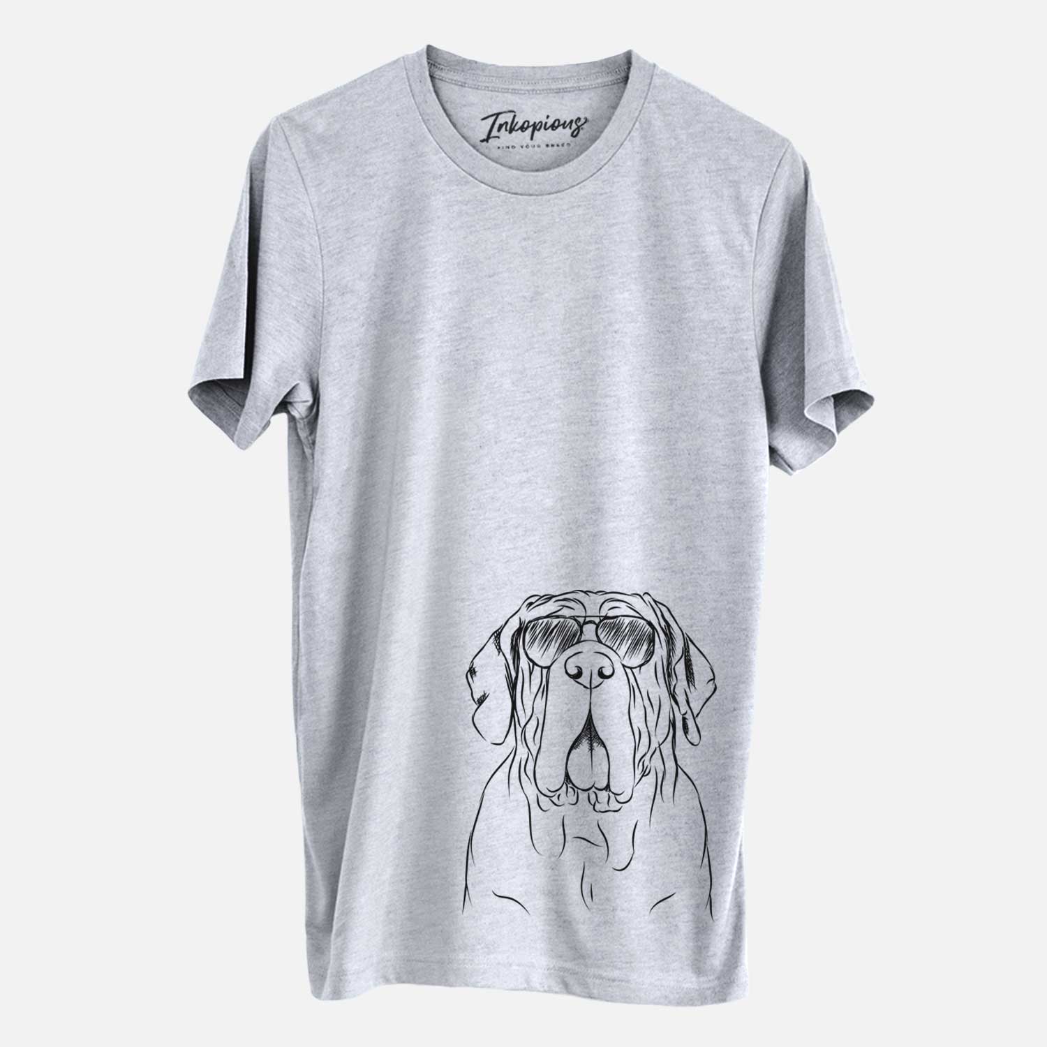 Hand-drawn sketch of Dinah the Neapolitan Mastiff wearing aviator sunglasses on a Grey Unisex crewneck