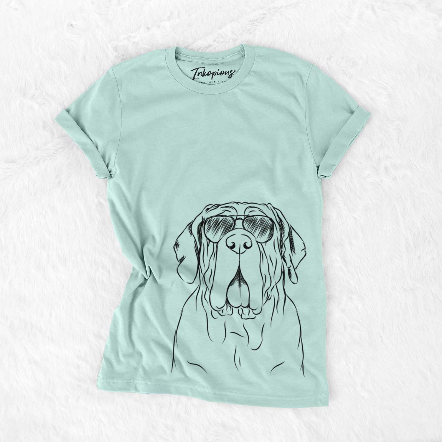Hand-drawn sketch of Dinah the Neapolitan Mastiff wearing aviator sunglasses on a Heather Sage Unisex crewneck