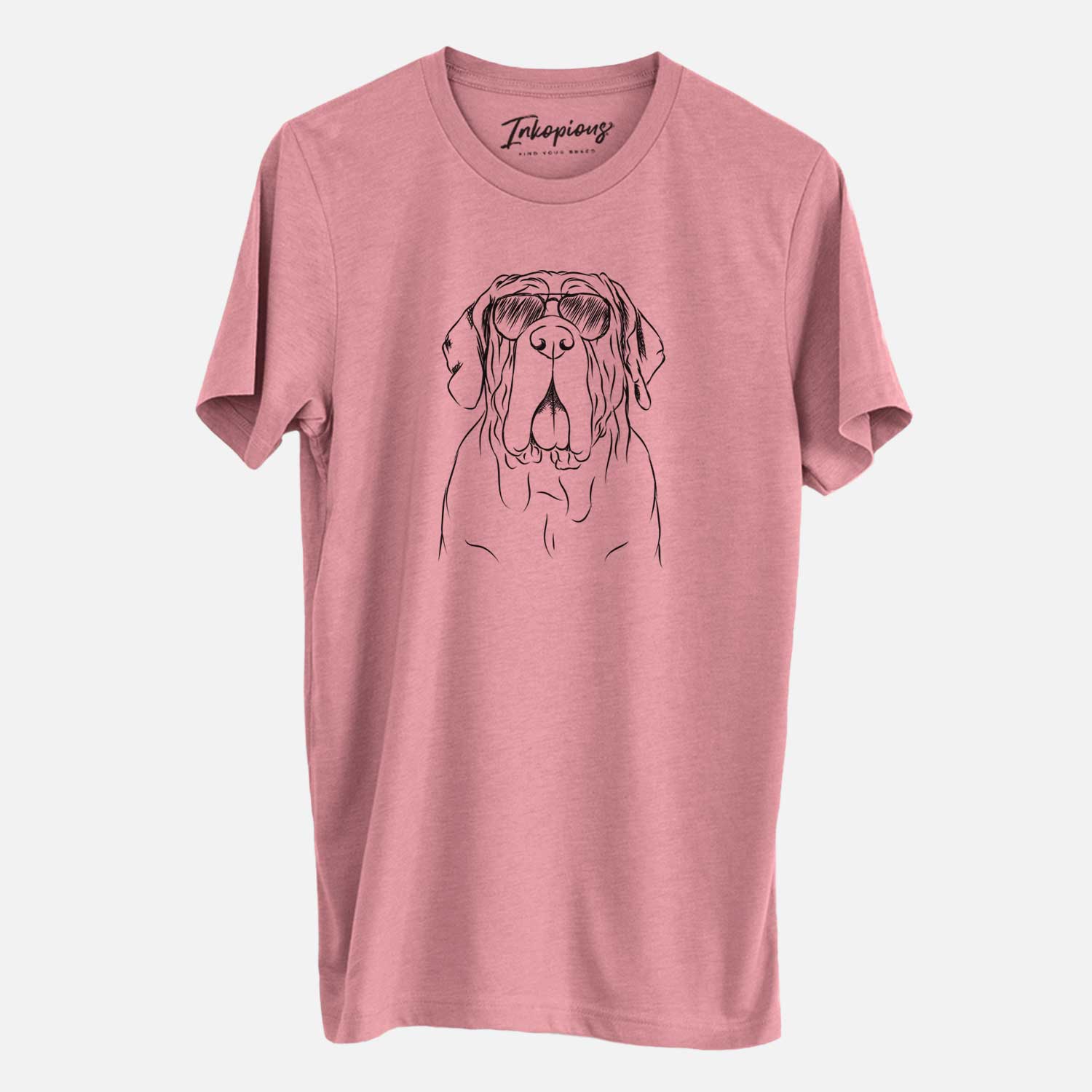 Hand-drawn sketch of Dinah the Neapolitan Mastiff wearing aviator sunglasses on a Mauve Unisex crewneck