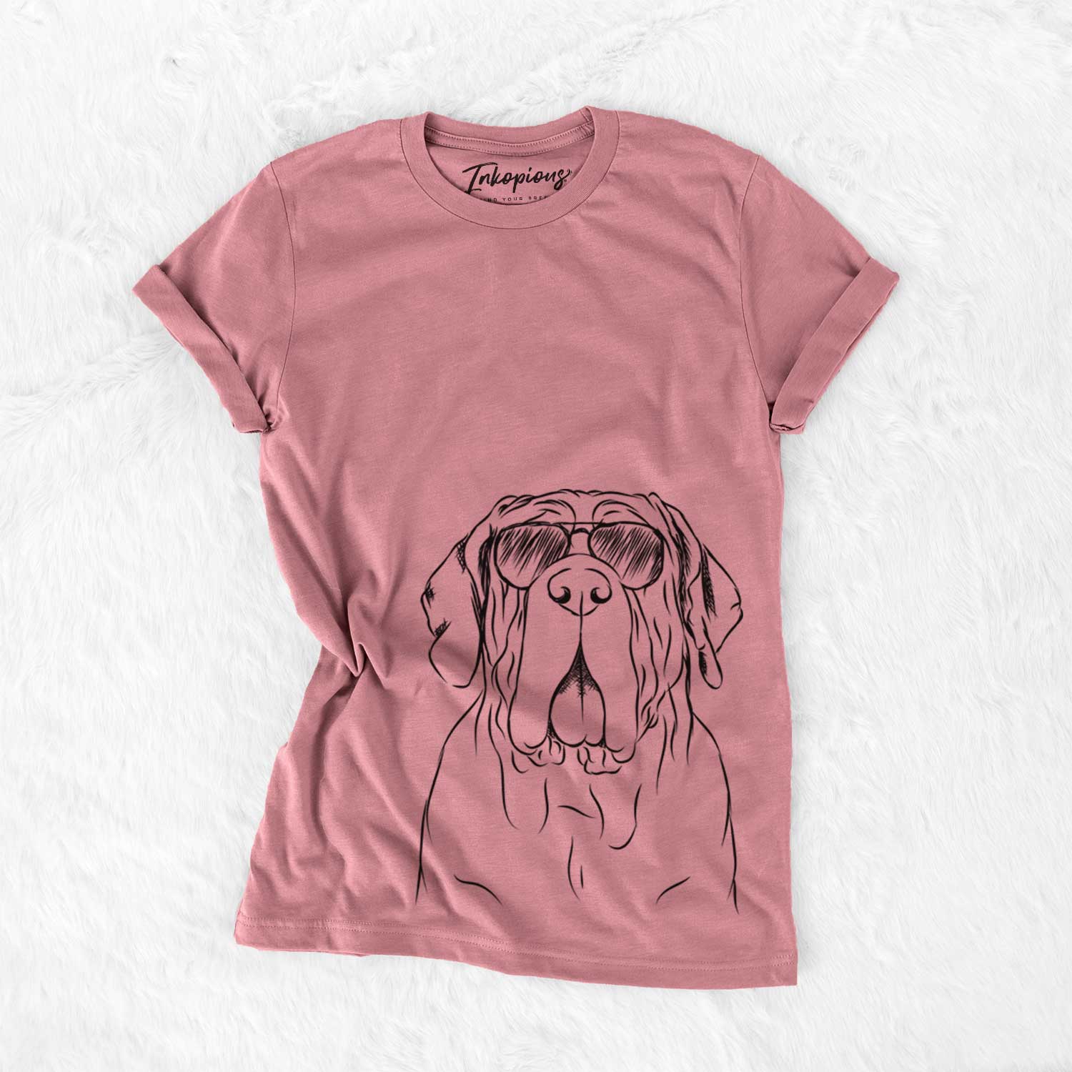 Hand-drawn sketch of Dinah the Neapolitan Mastiff wearing aviator sunglasses on a Mauve Unisex crewneck
