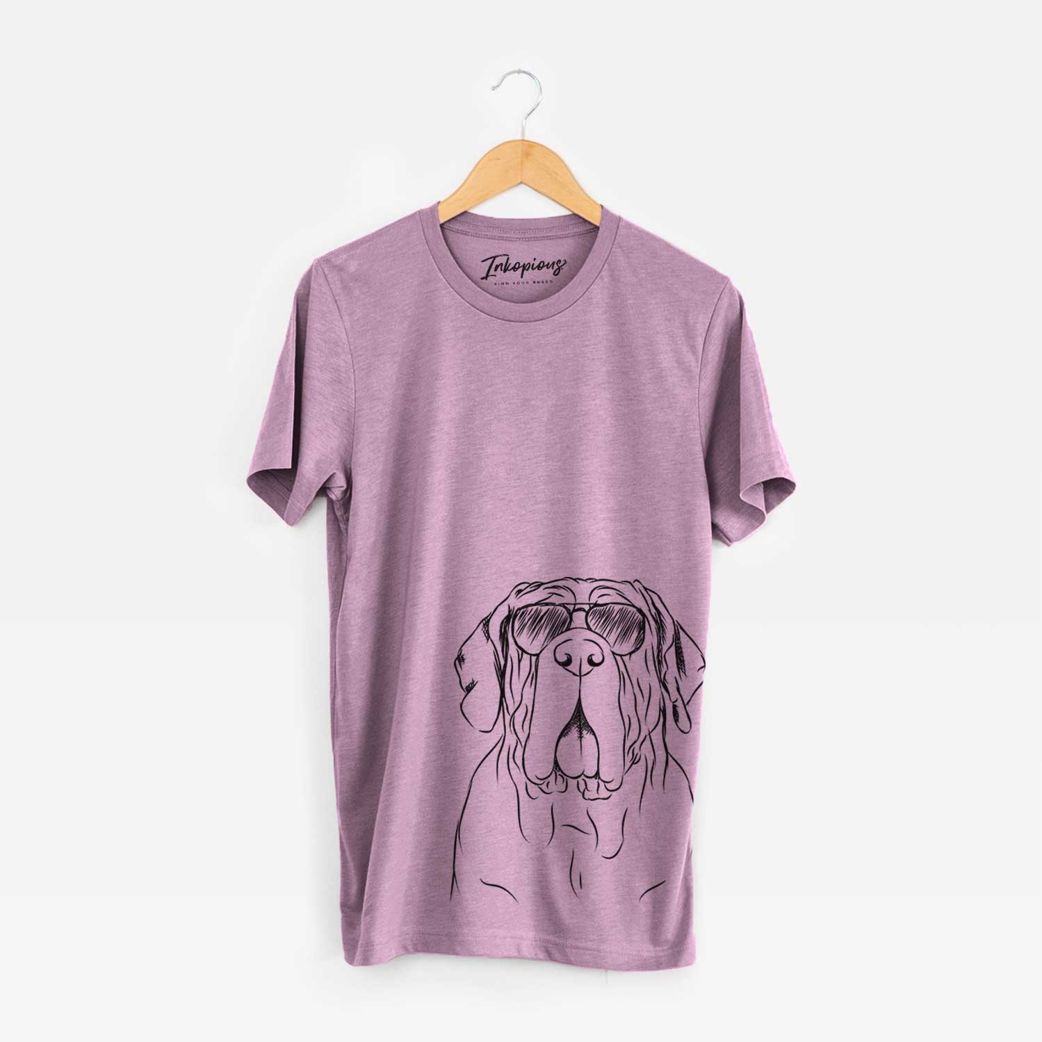 Hand-drawn sketch of Dinah the Neapolitan Mastiff wearing aviator sunglasses on an Orchid Bella Canvas Unisex Crewneck