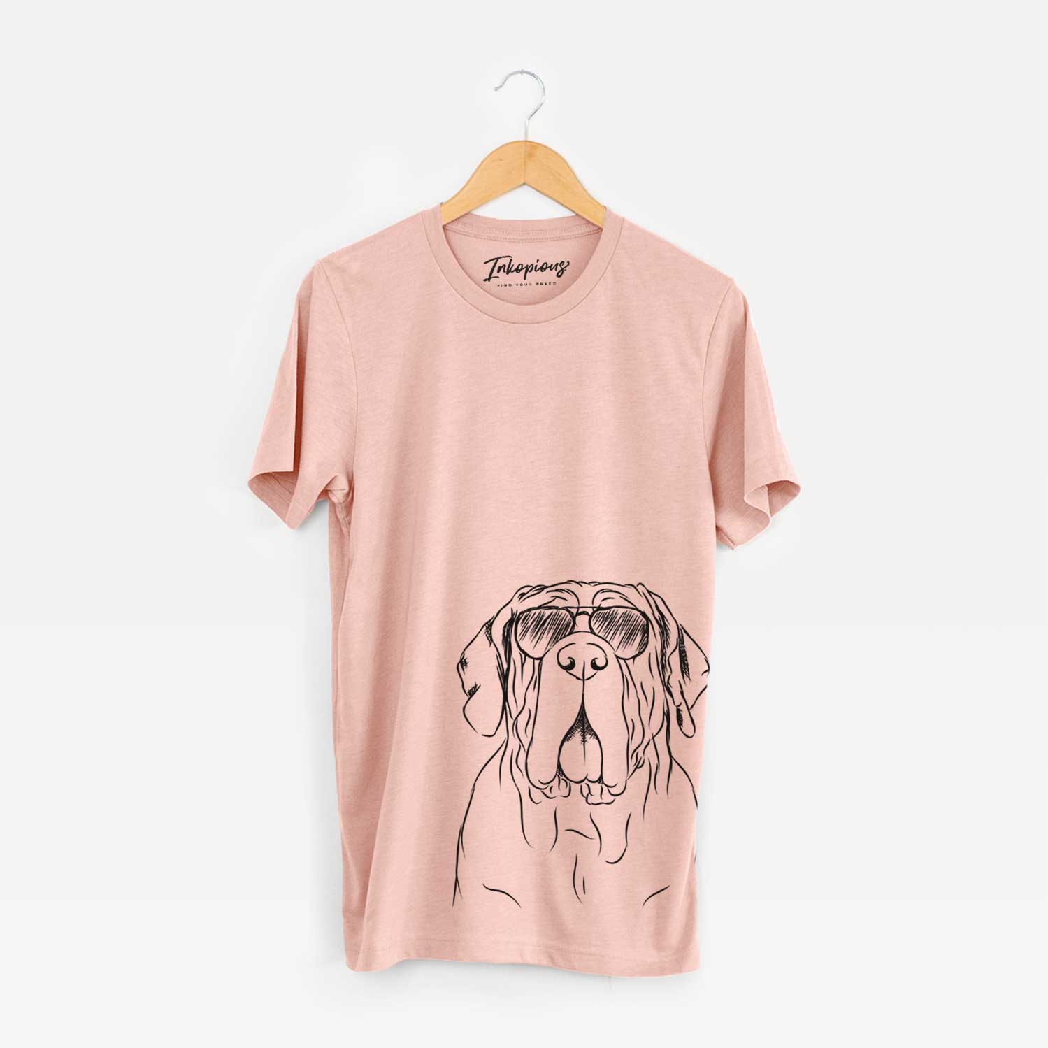 Hand-drawn sketch of Dinah the Neapolitan Mastiff wearing aviator sunglasses on a Peach Bella Canvas Unisex Crewneck