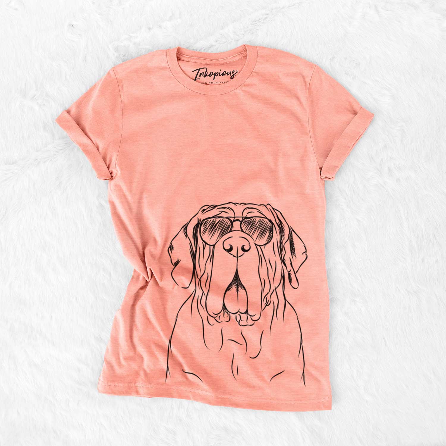 Hand-drawn sketch of Dinah the Neapolitan Mastiff wearing aviator sunglasses on a Sunset Bella Canvas Unisex Crewneck
