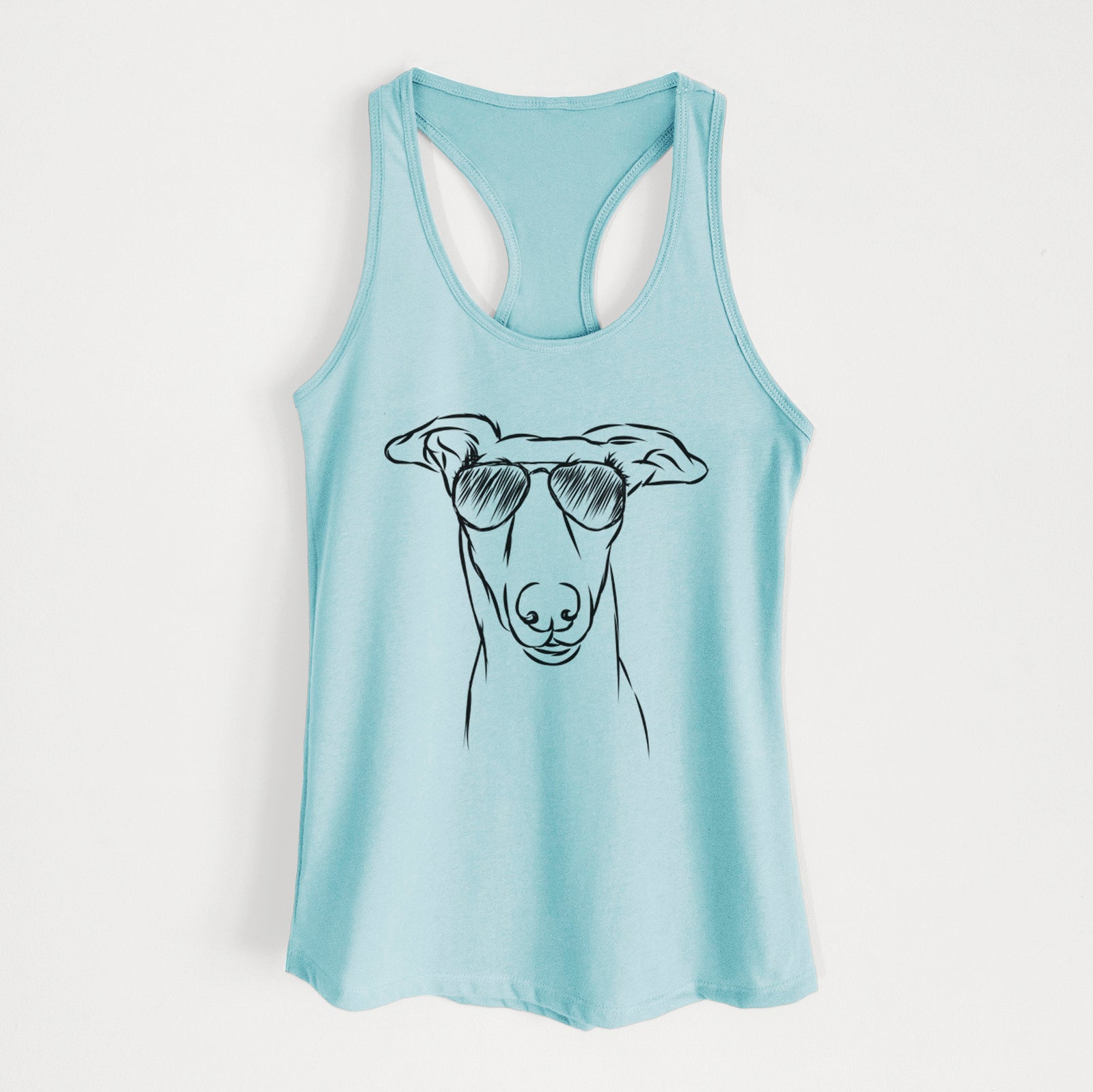 Hand-drawn sketch of Diva the Greyhound wearing aviator sunglasses on a Cancun Blue Women's racerback tanktop