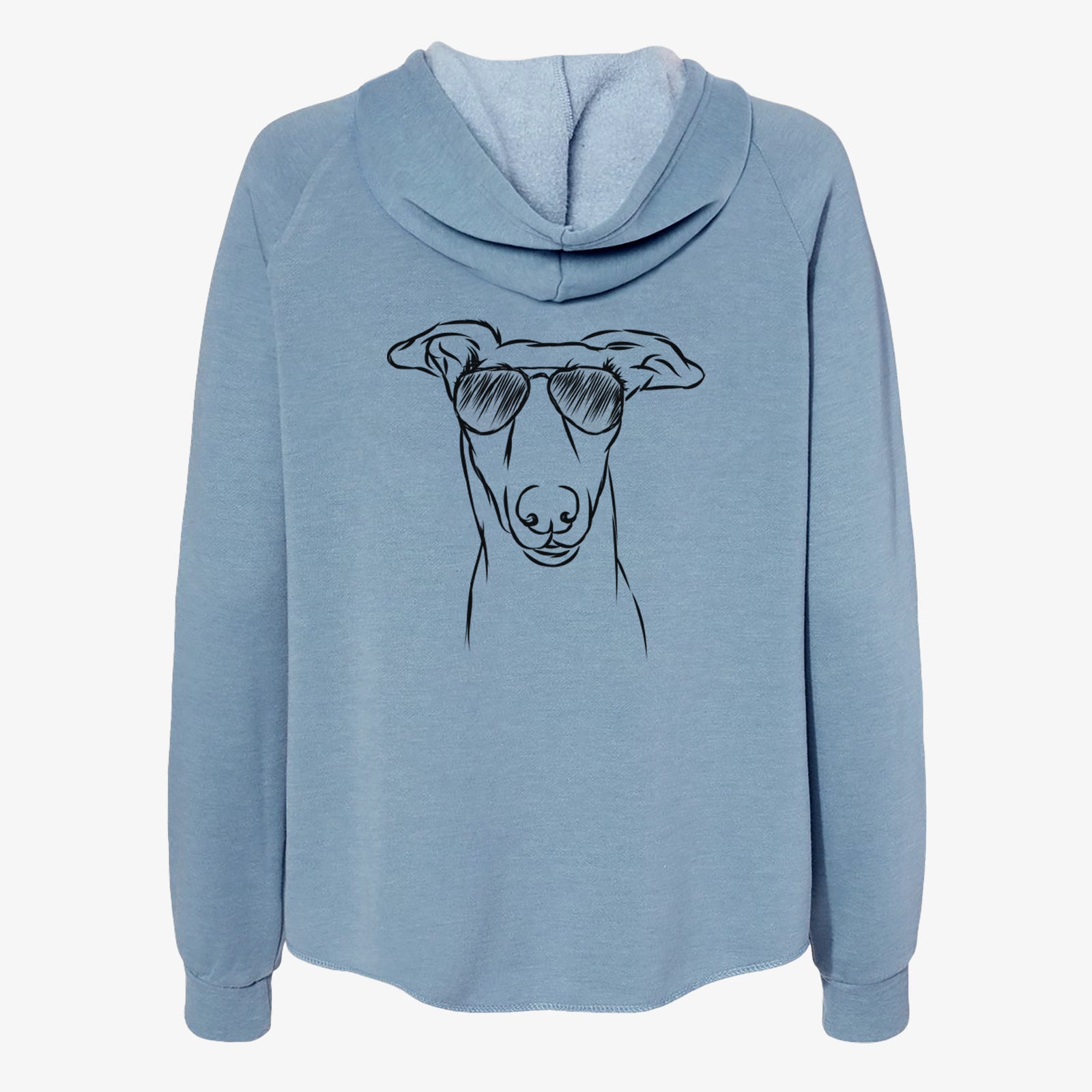 Hand-drawn sketch of Diva the Greyhound wearing aviator sunglasses on a Misty Blue Women's cali wave zip-up sweatshirt