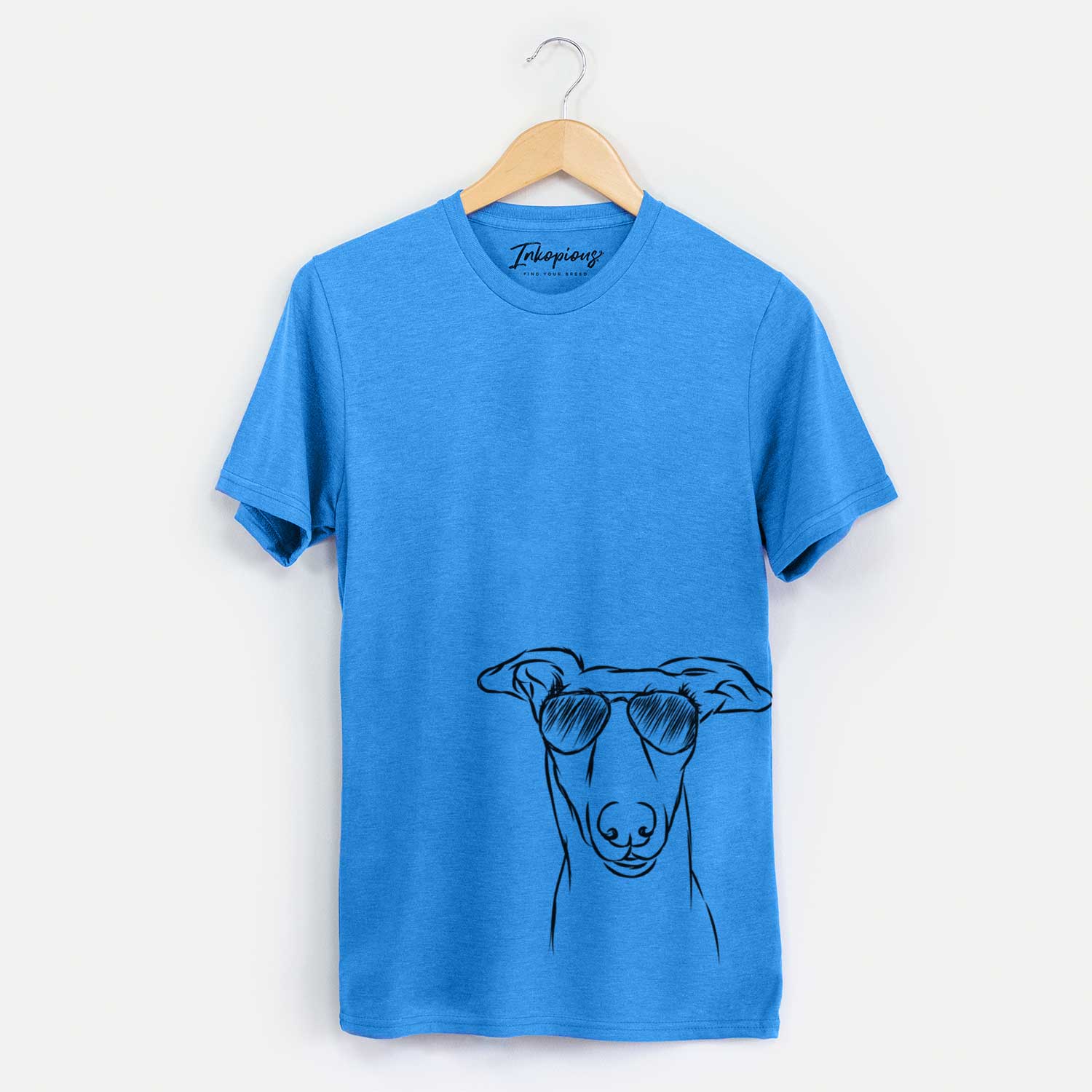 Hand-drawn sketch of Diva the Greyhound wearing aviator sunglasses on a Blue Unisex crewneck