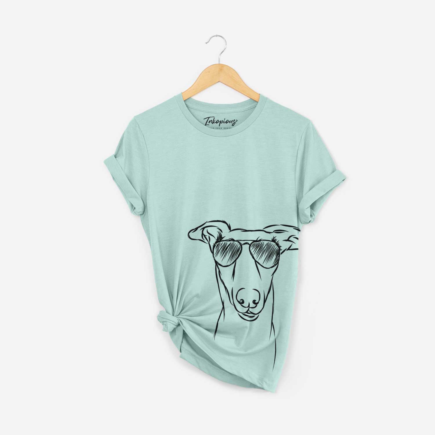 Hand-drawn sketch of Diva the Greyhound wearing aviator sunglasses on a Heather Sage Bella Canvas Unisex Crewneck
