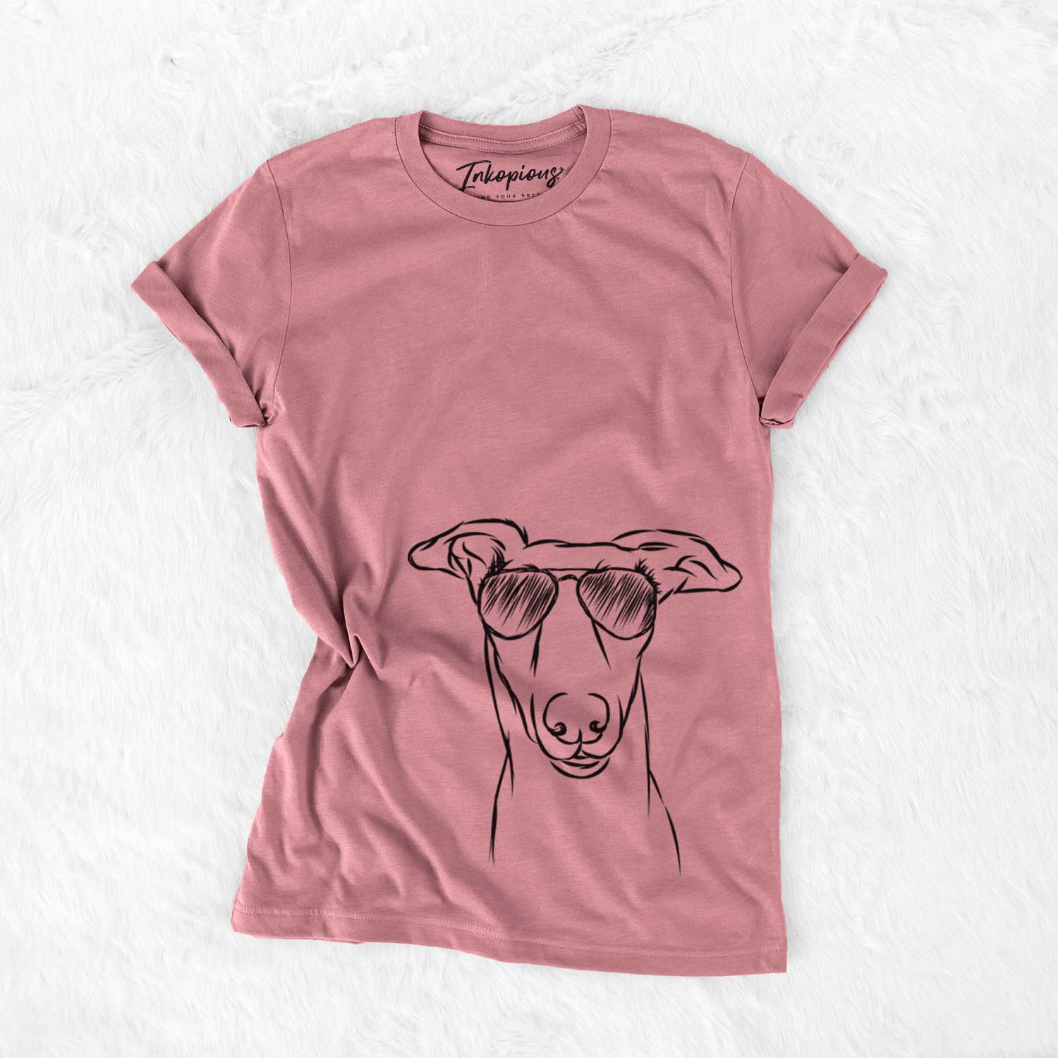 Hand-drawn sketch of Diva the Greyhound wearing aviator sunglasses on a Mauve Unisex crewneck