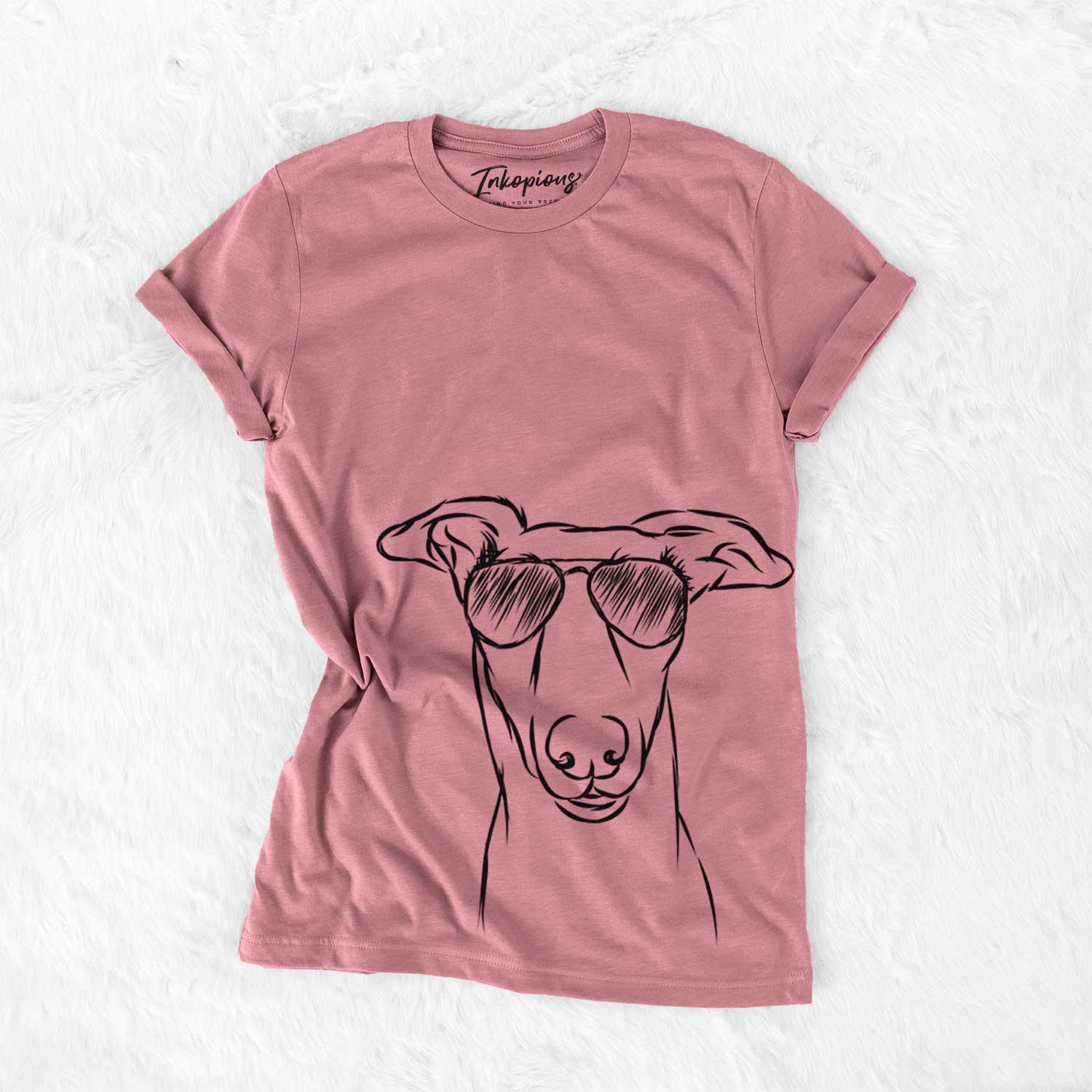 Hand-drawn sketch of Diva the Greyhound wearing aviator sunglasses on a Mauve Bella Canvas Unisex Crewneck