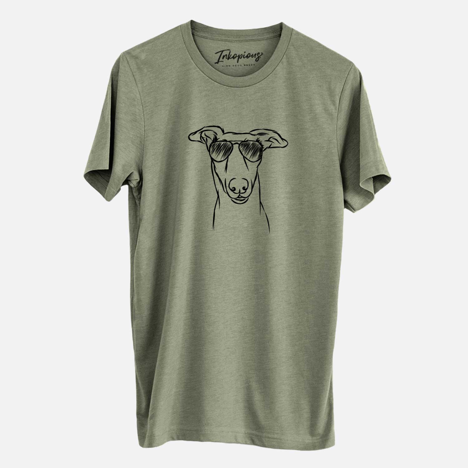 Hand-drawn sketch of Diva the Greyhound wearing aviator sunglasses on an Olive Unisex crewneck