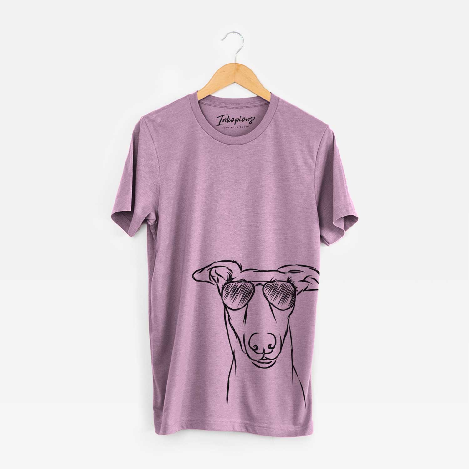 Hand-drawn sketch of Diva the Greyhound wearing aviator sunglasses on an Orchid Bella Canvas Unisex Crewneck