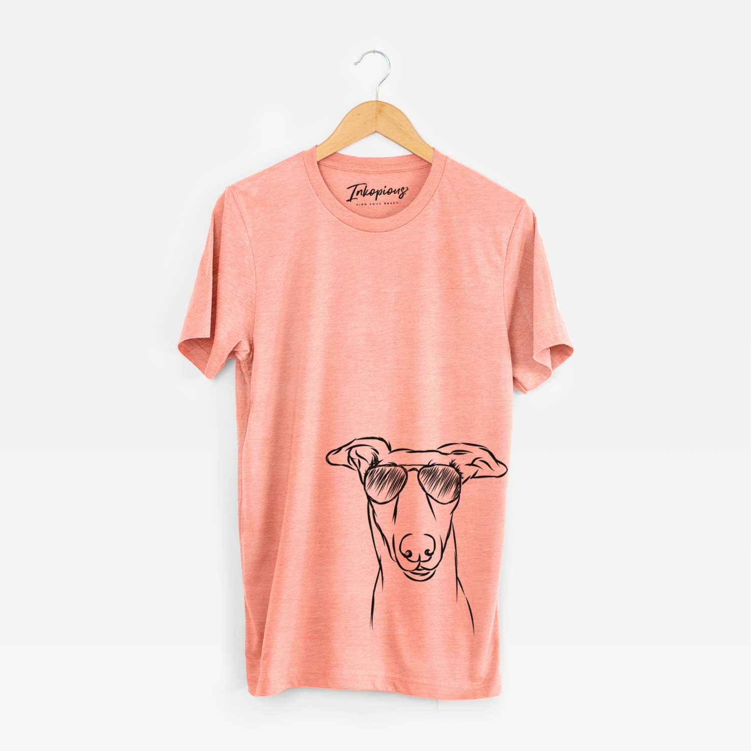 Hand-drawn sketch of Diva the Greyhound wearing aviator sunglasses on a Sunset Unisex crewneck