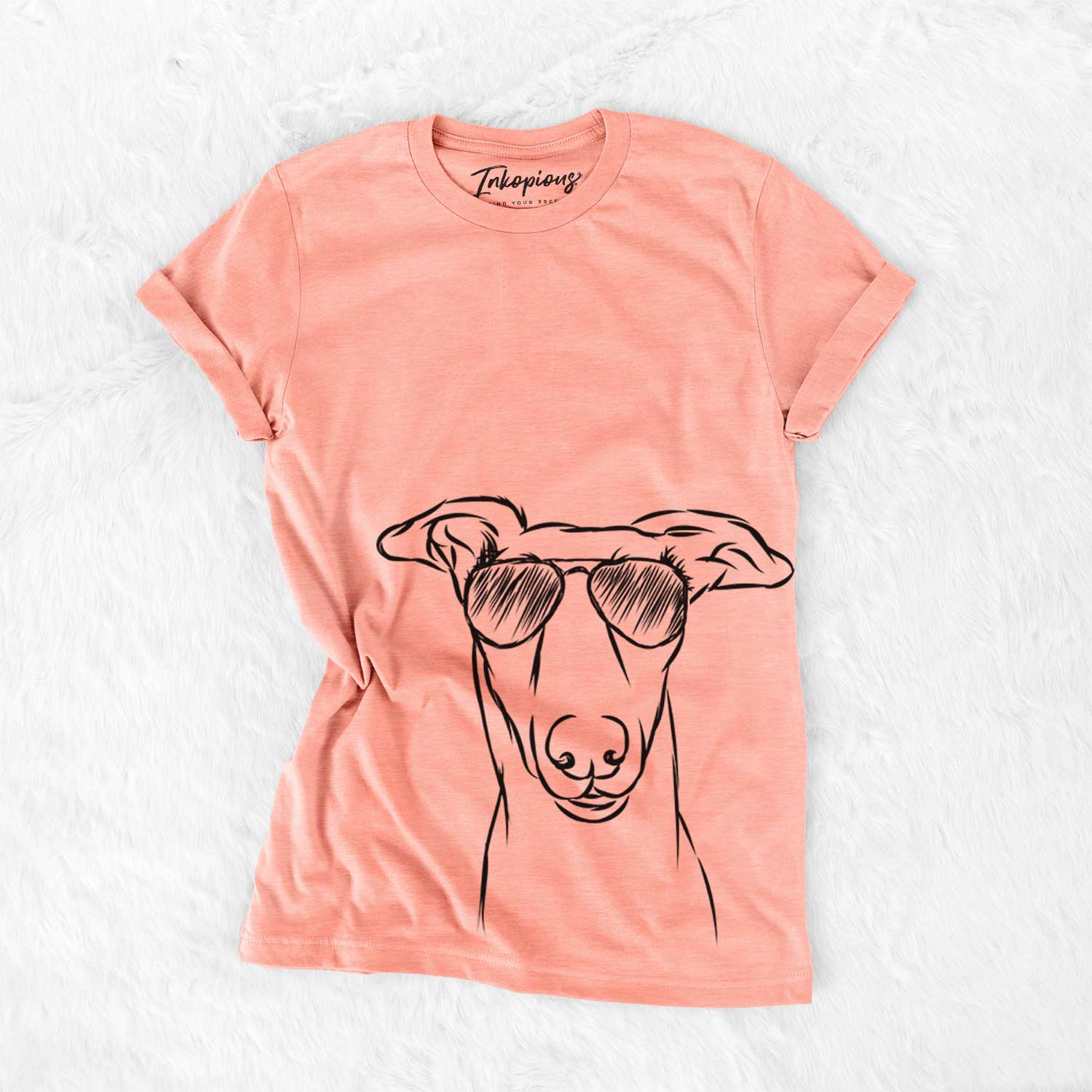 Hand-drawn sketch of Diva the Greyhound wearing aviator sunglasses on a Sunset Bella Canvas Unisex Crewneck