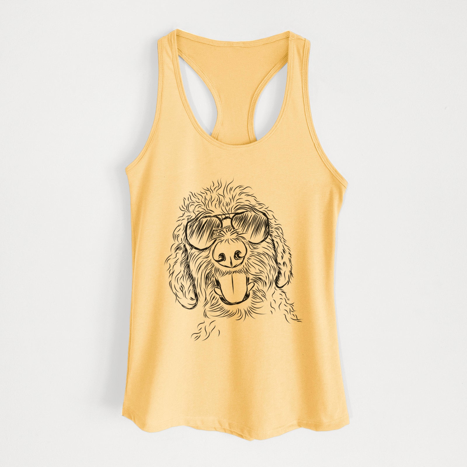 Hand-drawn sketch of Dixie the Doodle wearing aviator sunglasses on a Banana Cream Women's racerback tanktop