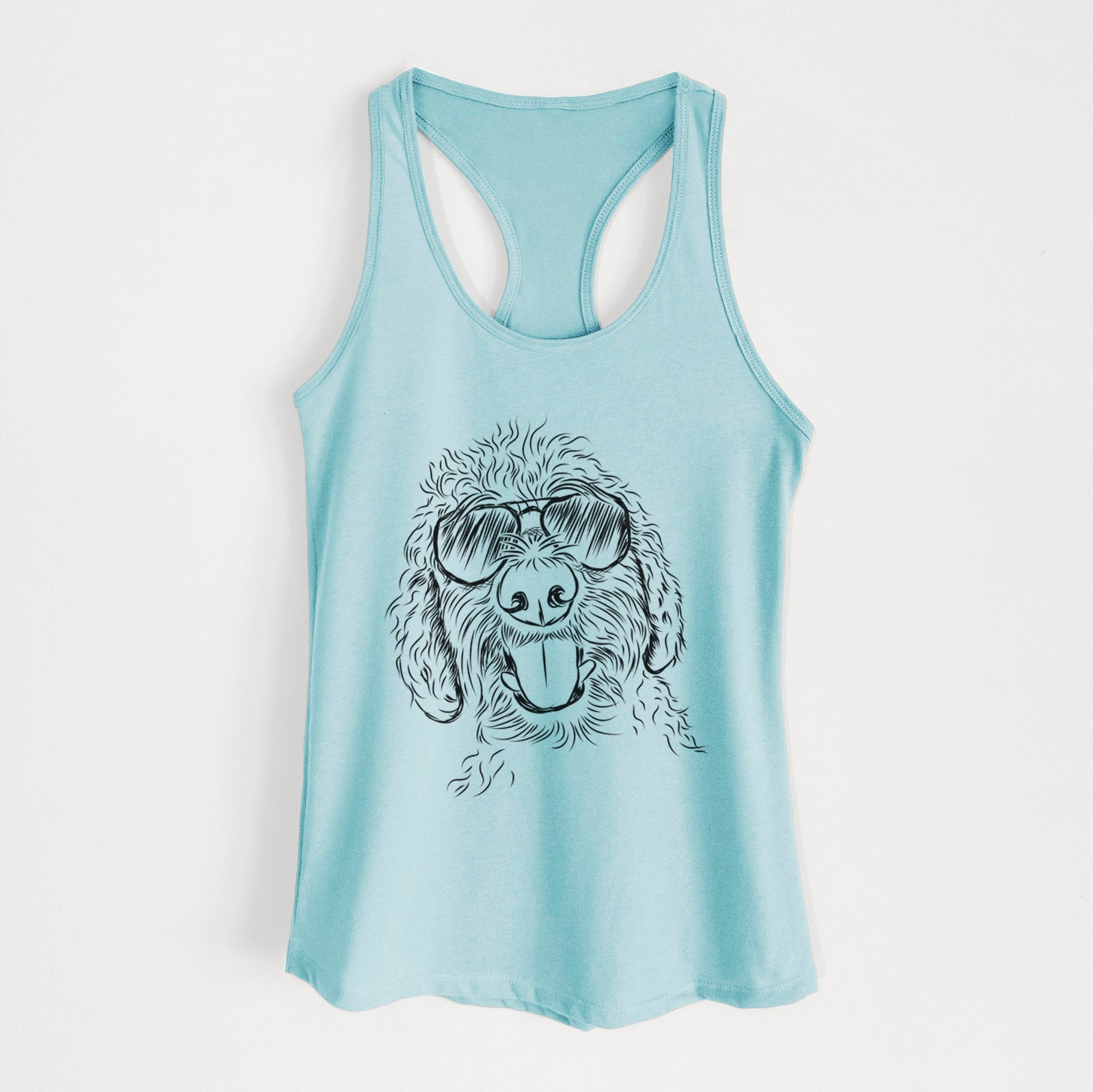 Hand-drawn sketch of Dixie the Doodle wearing aviator sunglasses on a Cancun Blue Women's racerback tanktop