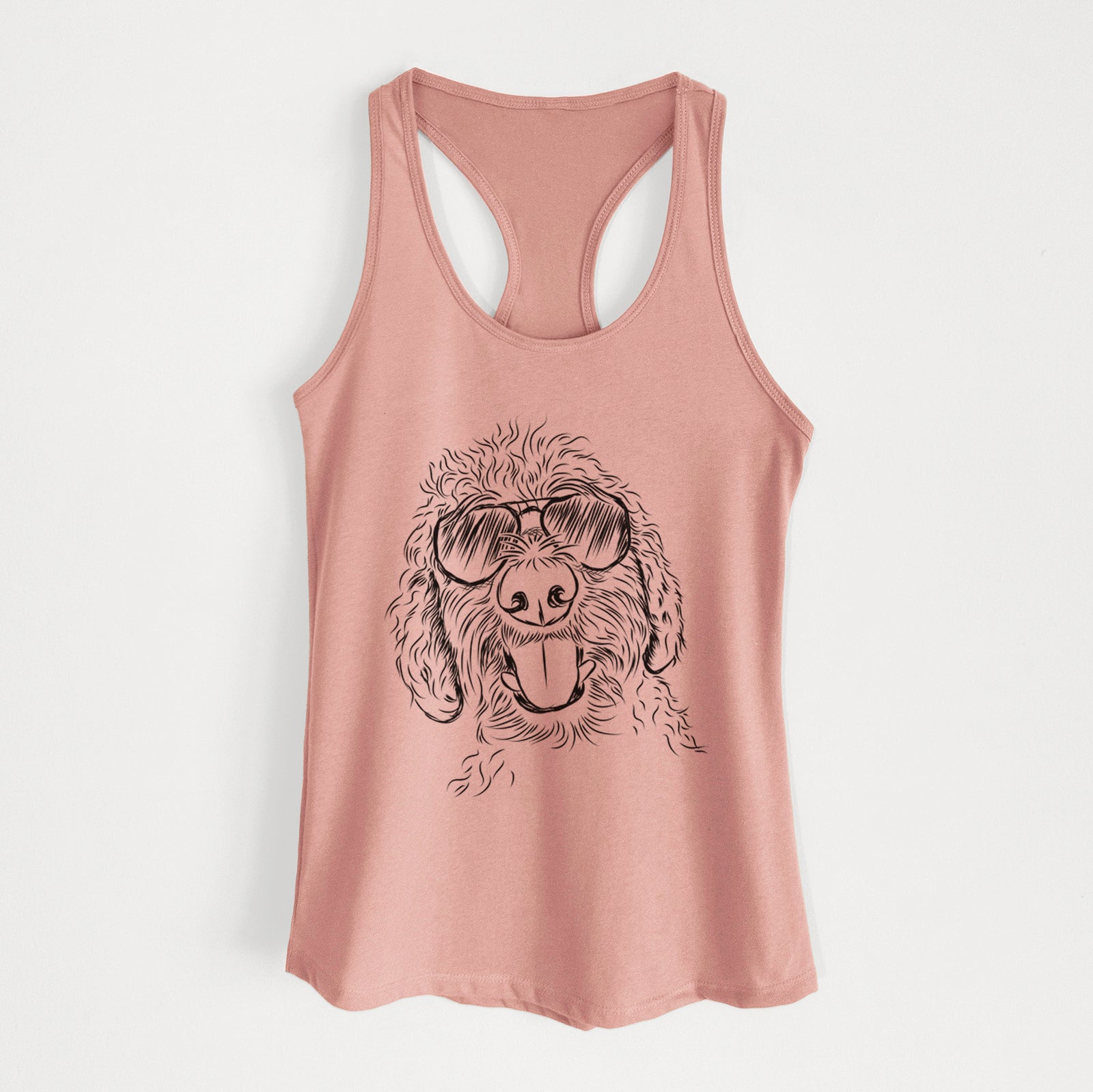 Hand-drawn sketch of Dixie the Doodle wearing aviator sunglasses on a Desert Pink Women's racerback tanktop