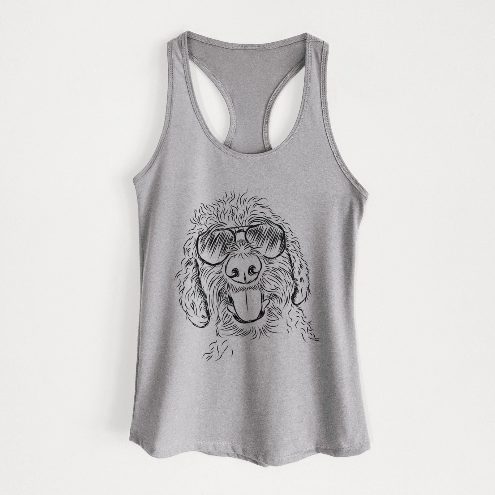 Hand-drawn sketch of Dixie the Doodle wearing aviator sunglasses on a Heather Grey Women's racerback tanktop