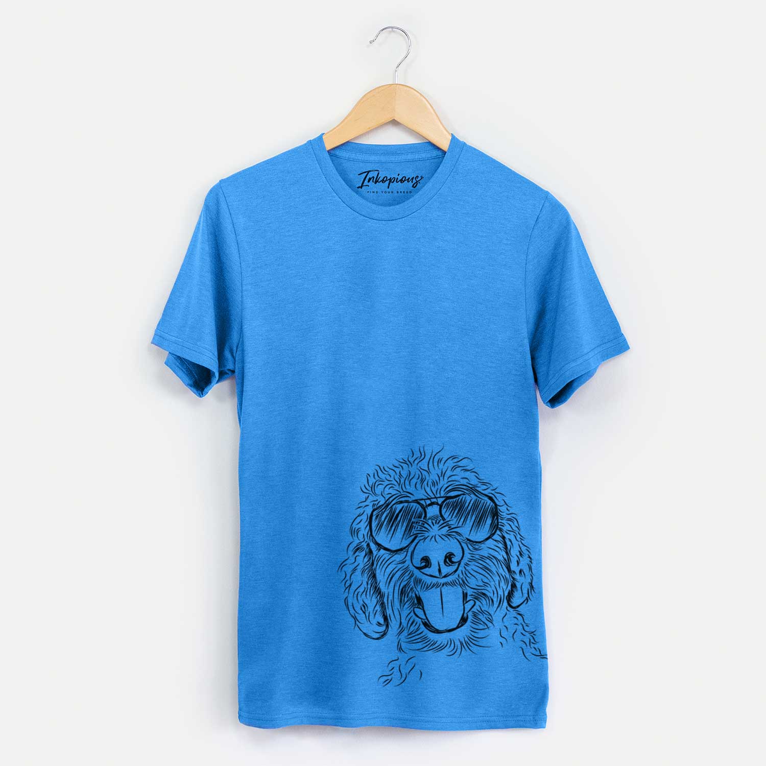 Hand-drawn sketch of Dixie the Doodle wearing aviator sunglasses on a Blue Unisex crewneck