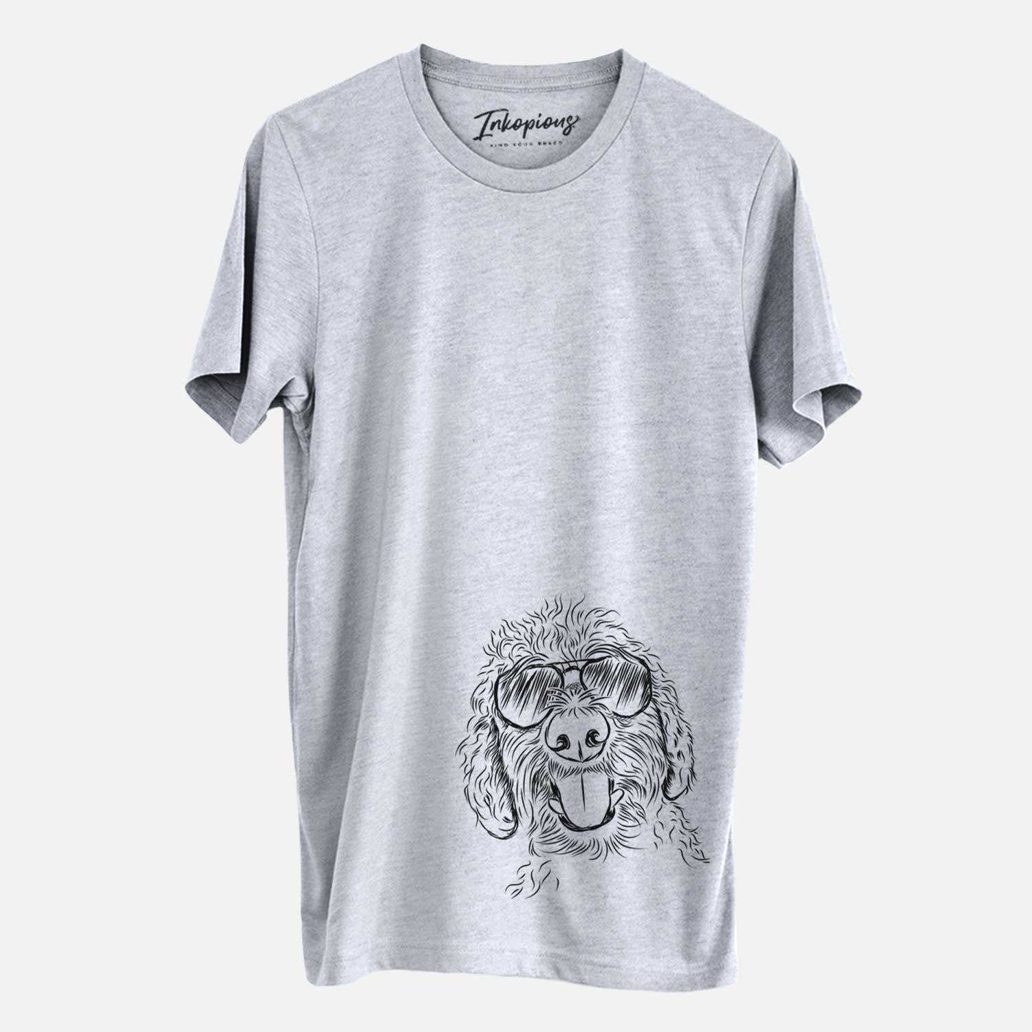 Hand-drawn sketch of Dixie the Doodle wearing aviator sunglasses on a Grey Unisex crewneck