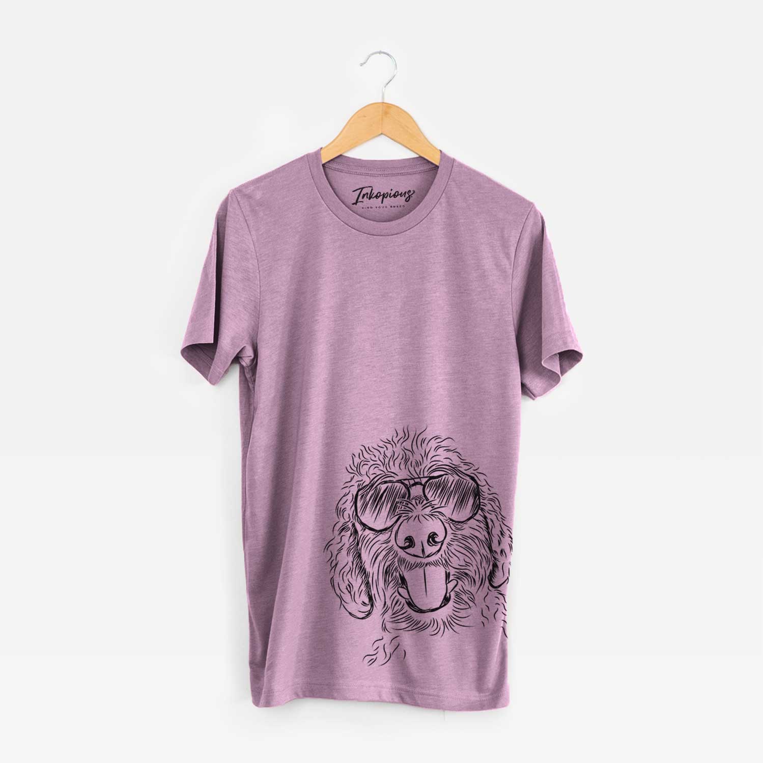Hand-drawn sketch of Dixie the Doodle wearing aviator sunglasses on an Orchid Bella Canvas Unisex Crewneck