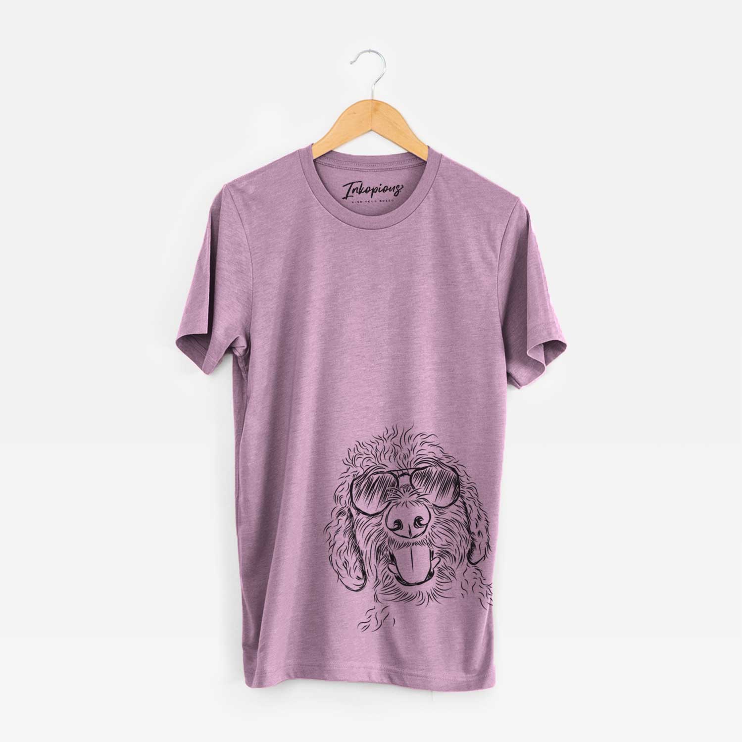 Hand-drawn sketch of Dixie the Doodle wearing aviator sunglasses on an Orchid Unisex crewneck