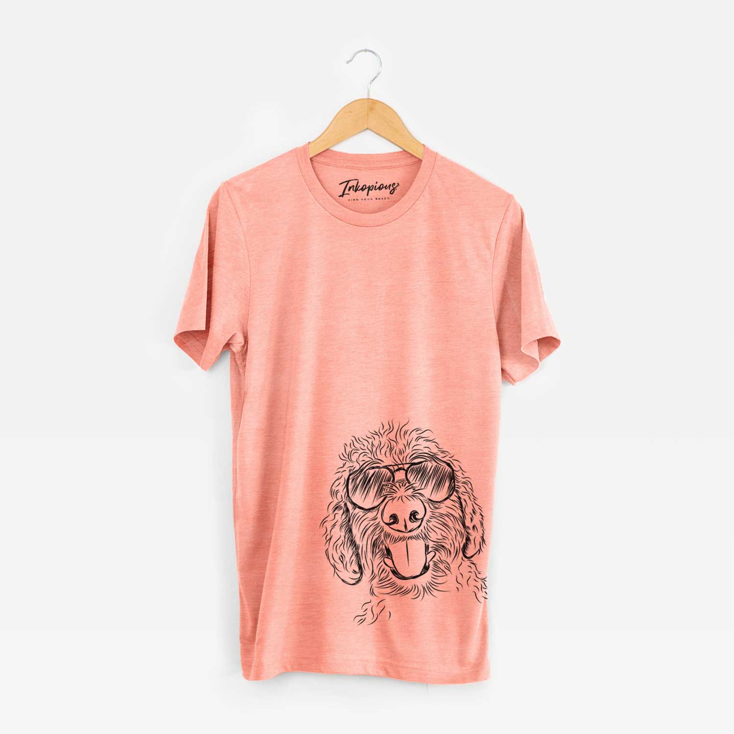 Hand-drawn sketch of Dixie the Doodle wearing aviator sunglasses on a Sunset Unisex crewneck