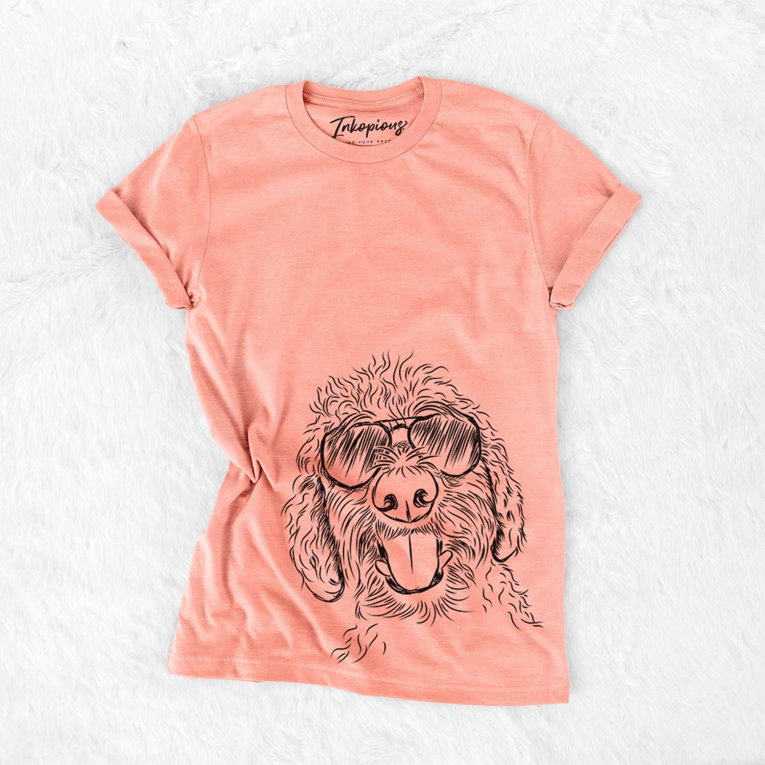 Hand-drawn sketch of Dixie the Doodle wearing aviator sunglasses on a Sunset Bella Canvas Unisex Crewneck