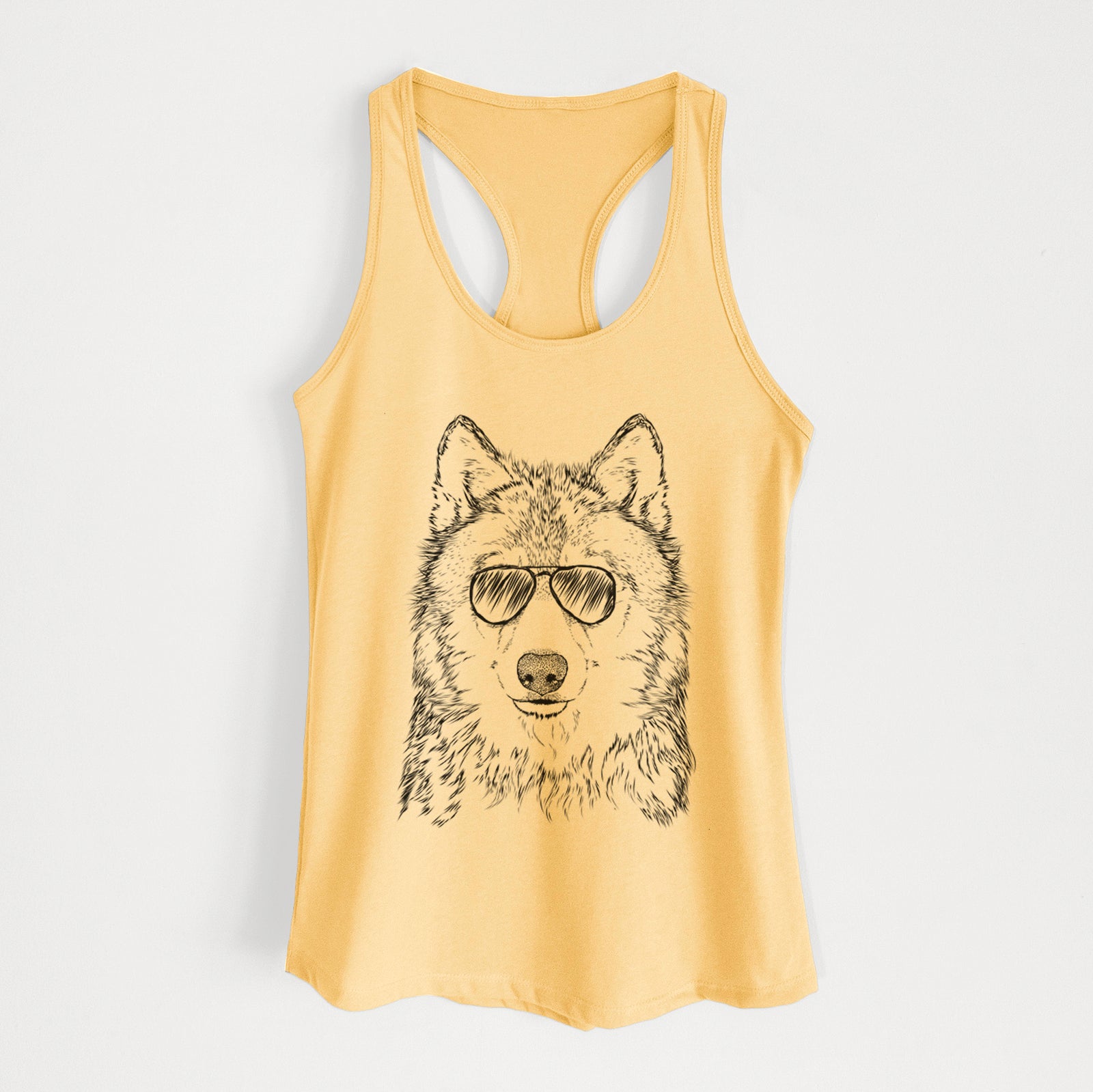 Hand-drawn sketch of Django the Grey Wolf wearing aviator sunglasses on a Banana Cream Women's racerback tanktop
