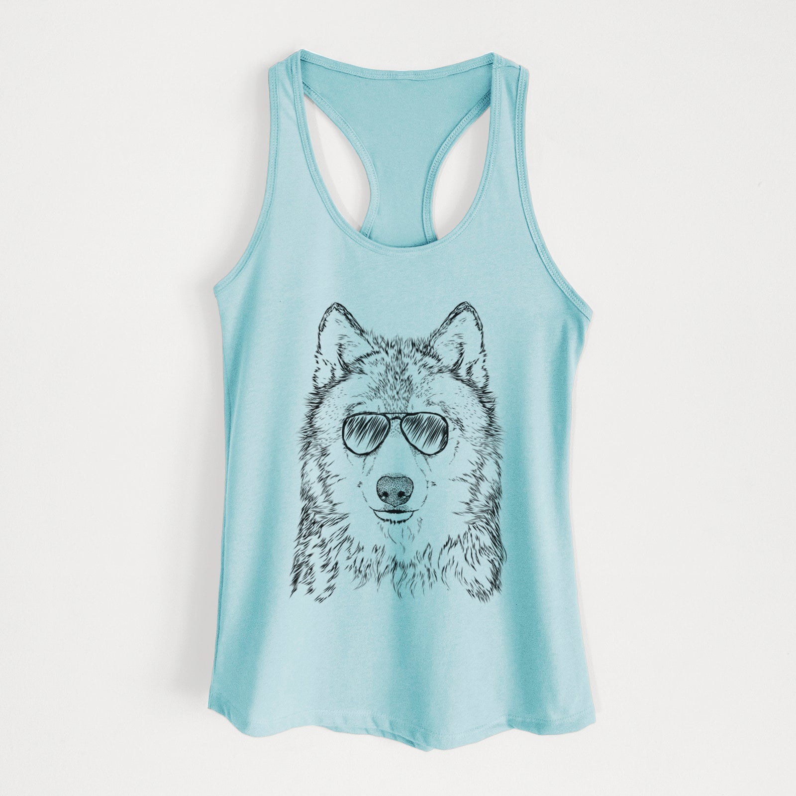 Hand-drawn sketch of Django the Grey Wolf wearing aviator sunglasses on a Cancun Blue Women's racerback tanktop