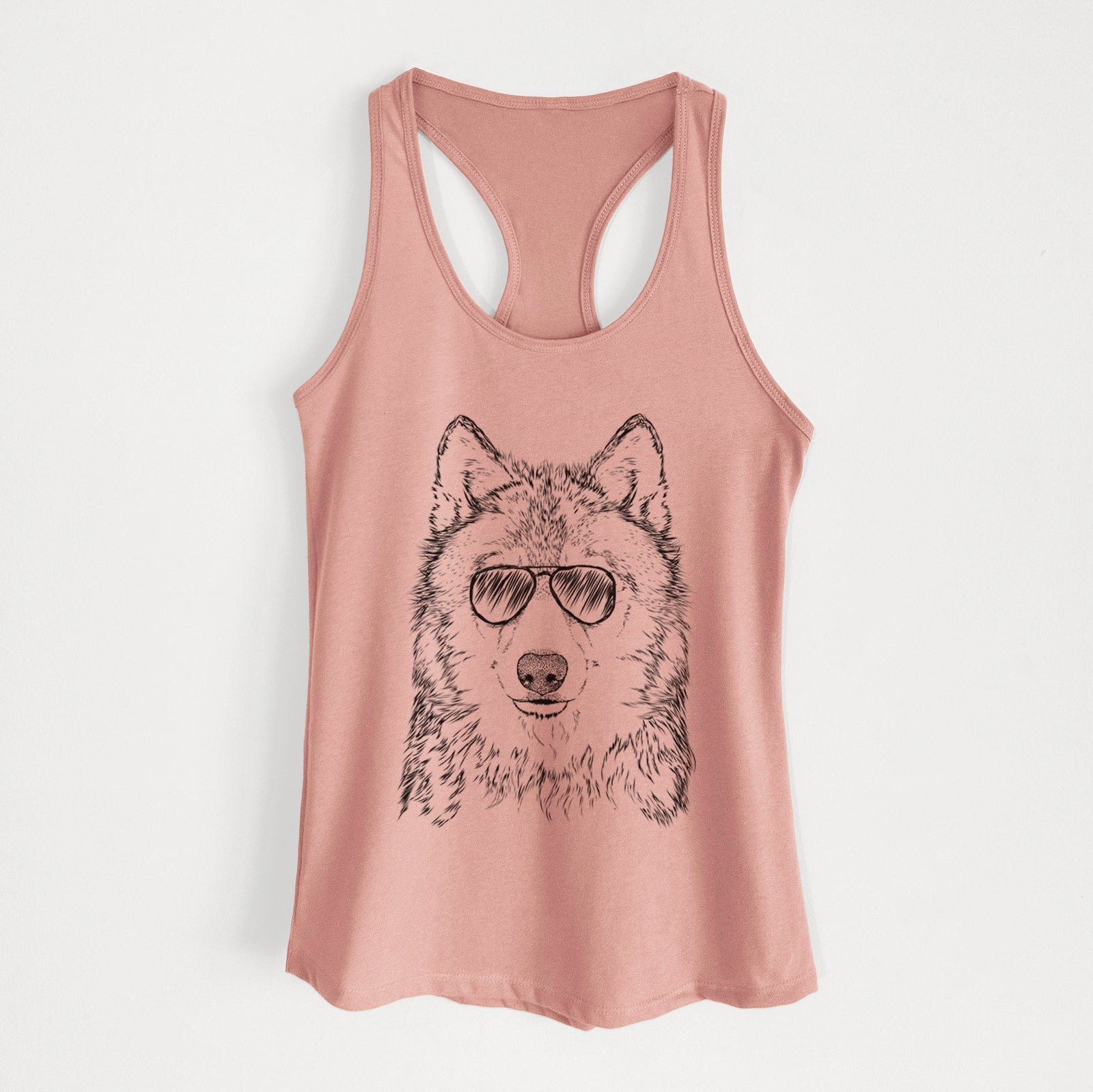 Hand-drawn sketch of Django the Grey Wolf wearing aviator sunglasses on a Desert Pink Women's racerback tanktop