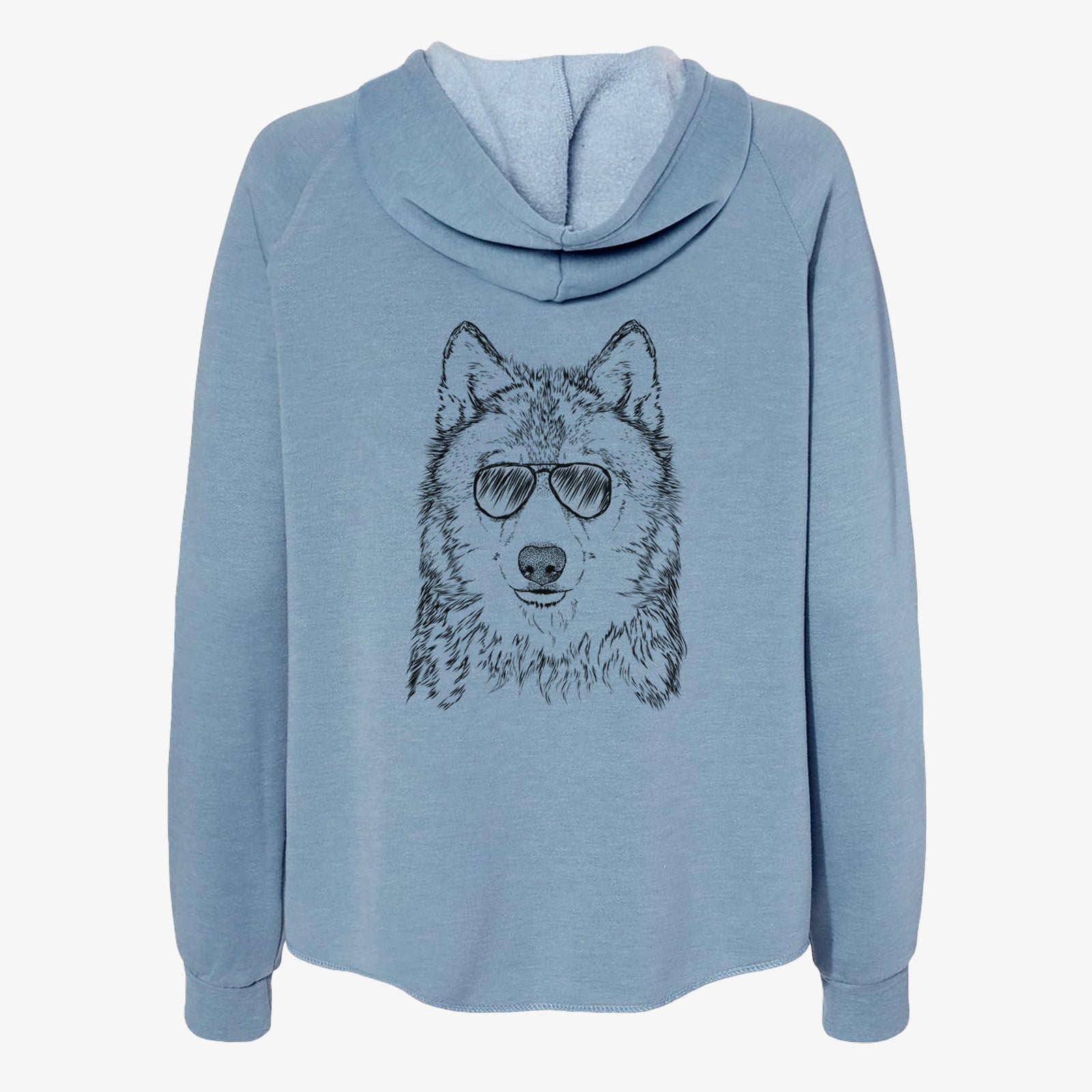 Hand-drawn sketch of Django the Grey Wolf wearing aviator sunglasses on a Misty Blue Women's cali wave zip-up sweatshirt