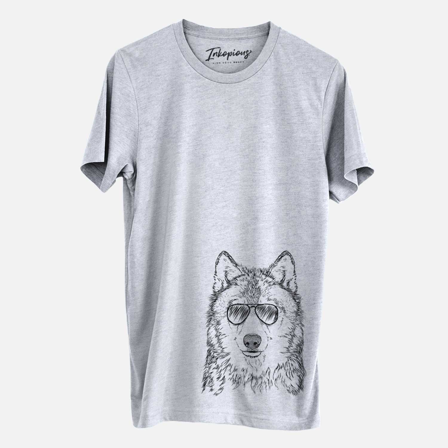 Hand-drawn sketch of Django the Grey Wolf wearing aviator sunglasses on an Unisex crewneck