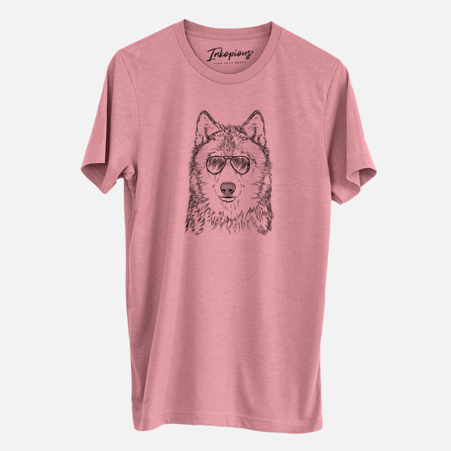 Hand-drawn sketch of Django the Grey Wolf wearing aviator sunglasses on a Mauve Unisex crewneck