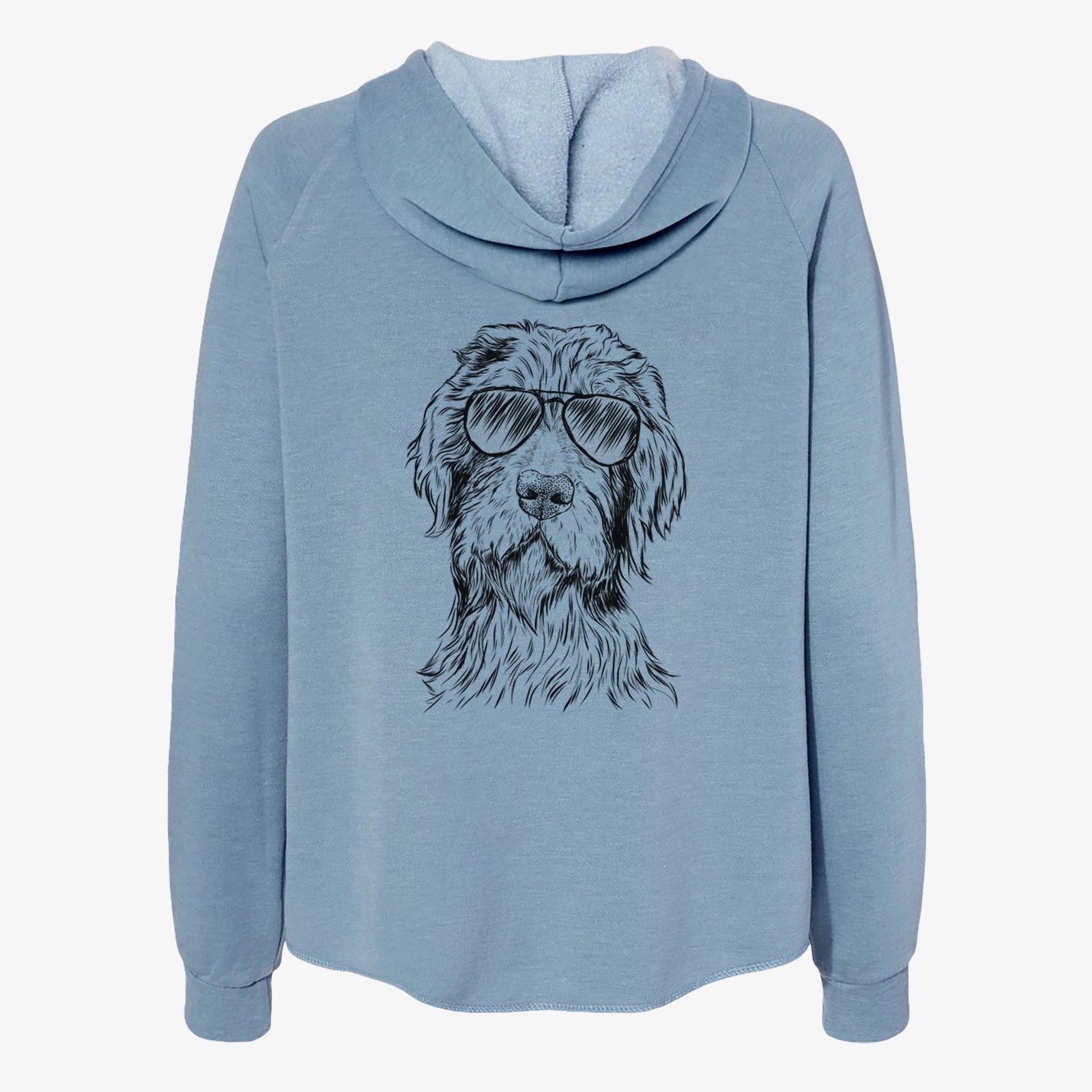 Hand-drawn sketch of Doc Holliday the Pudelpointer wearing aviator sunglasses on a Misty Blue Women's cali wave zip-up sweatshirt