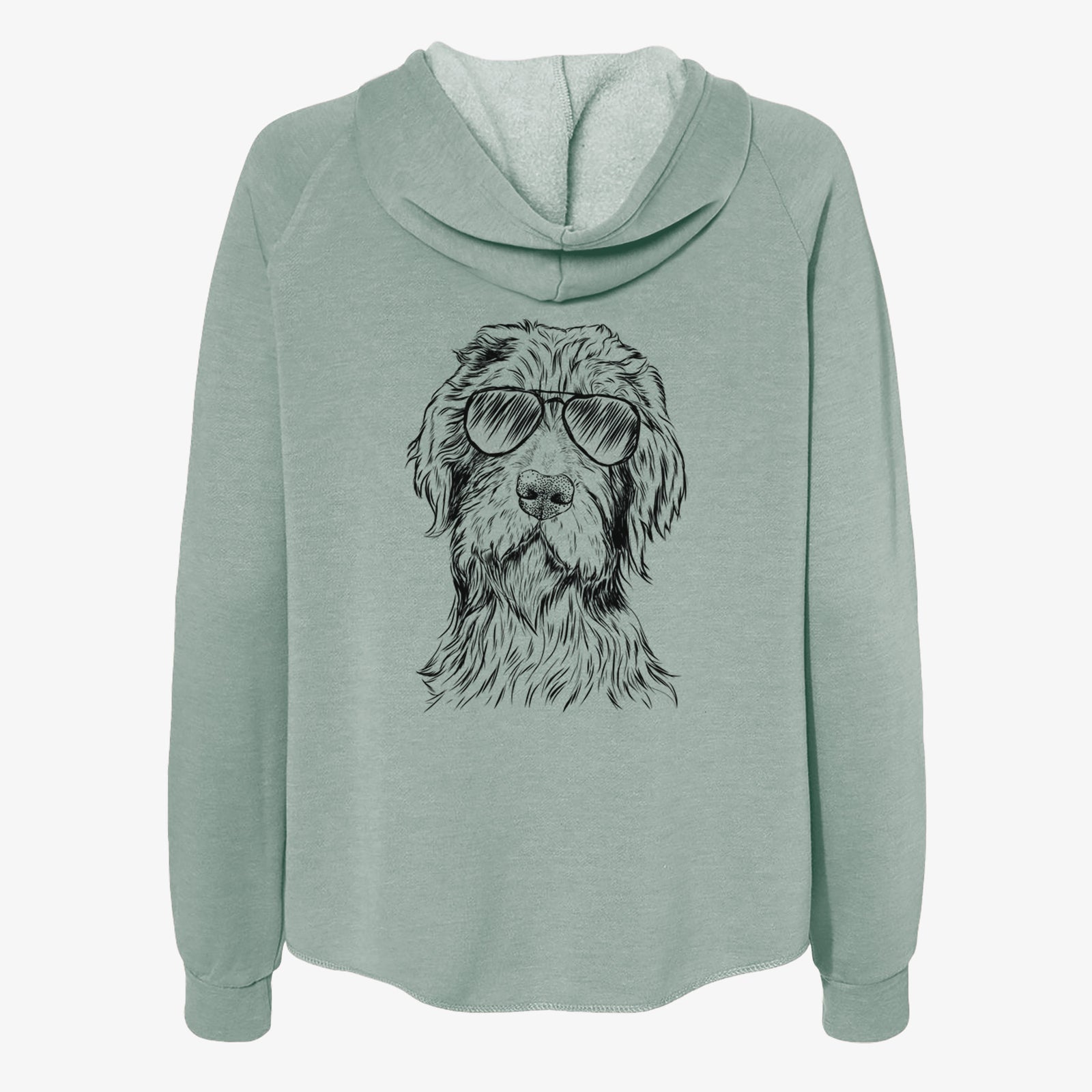 Hand-drawn sketch of Doc Holliday the Pudelpointer wearing aviator sunglasses on a Sage Women's cali wave zip-up sweatshirt