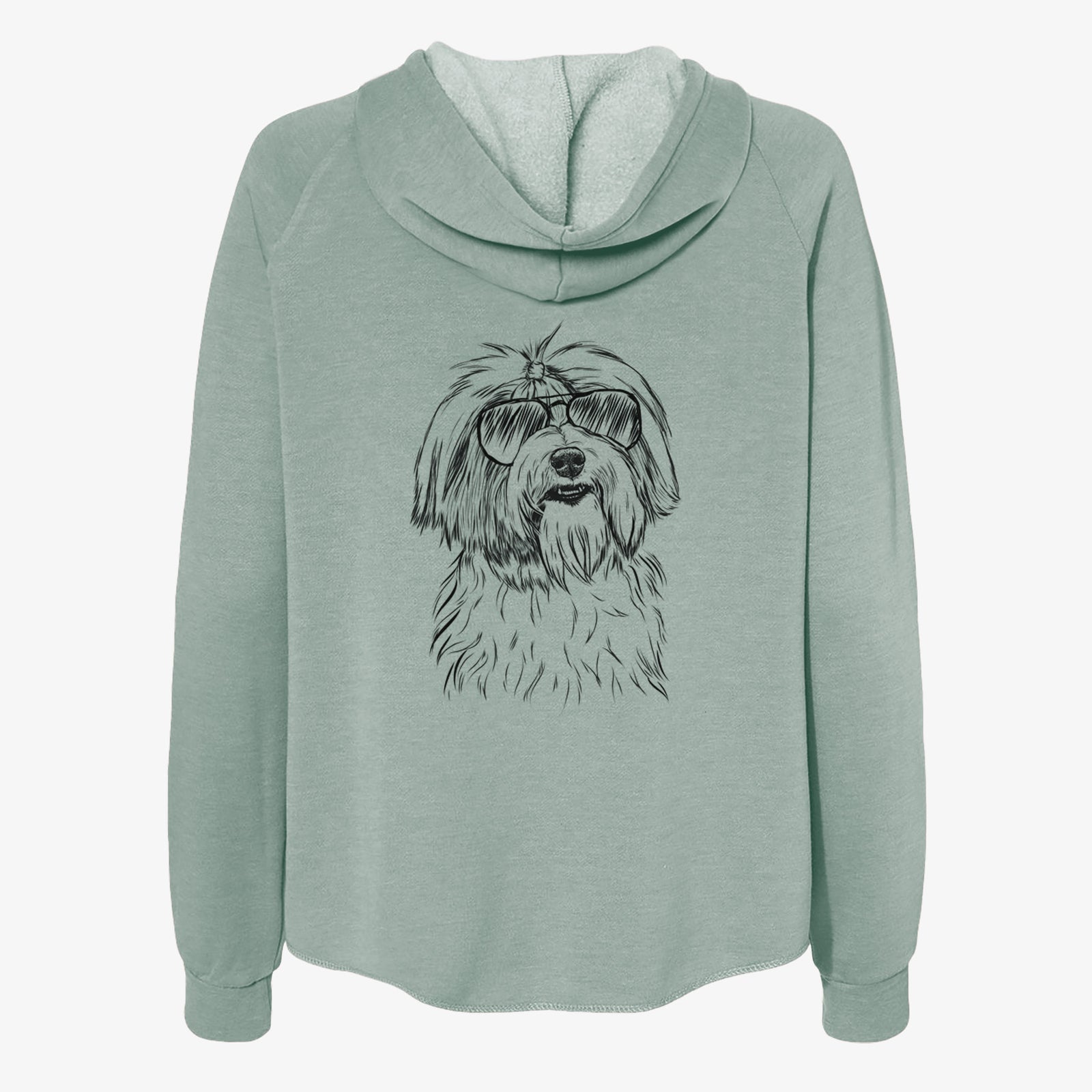 Hand-drawn sketch of Dooley the Havanese wearing aviator sunglasses on a Sage Women's cali wave zip-up sweatshirt