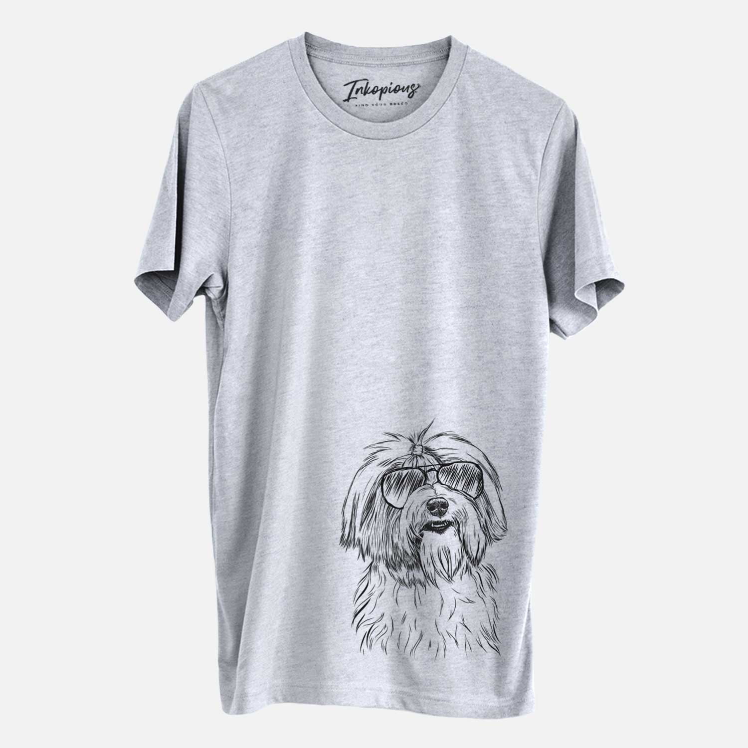 Hand-drawn sketch of Dooley the Havanese wearing aviator sunglasses on a Grey Unisex crewneck