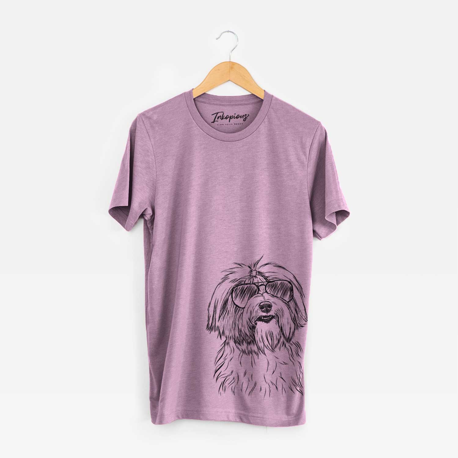 Hand-drawn sketch of Dooley the Havanese wearing aviator sunglasses on an Orchid Bella Canvas Unisex Crewneck