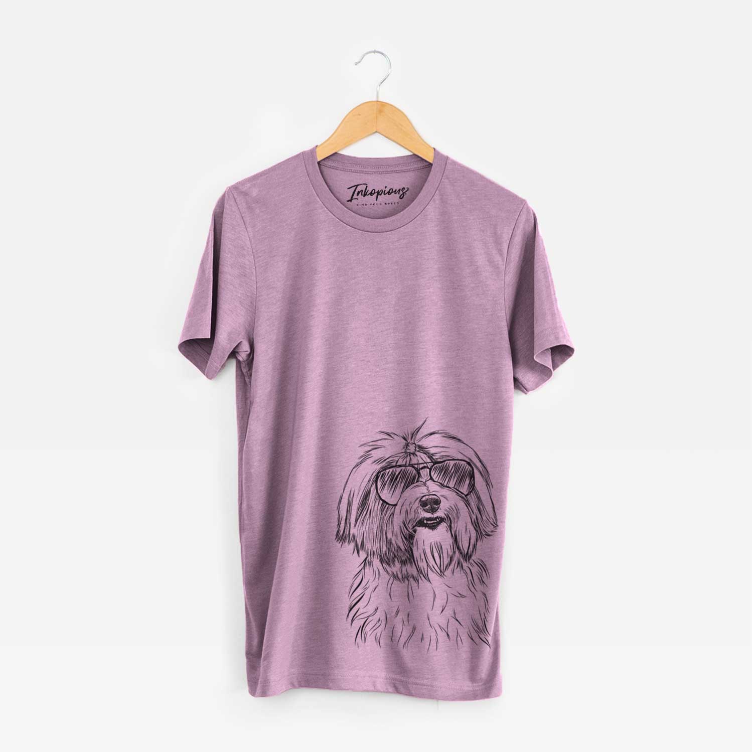 Hand-drawn sketch of Dooley the Havanese wearing aviator sunglasses on an Orchid Unisex crewneck