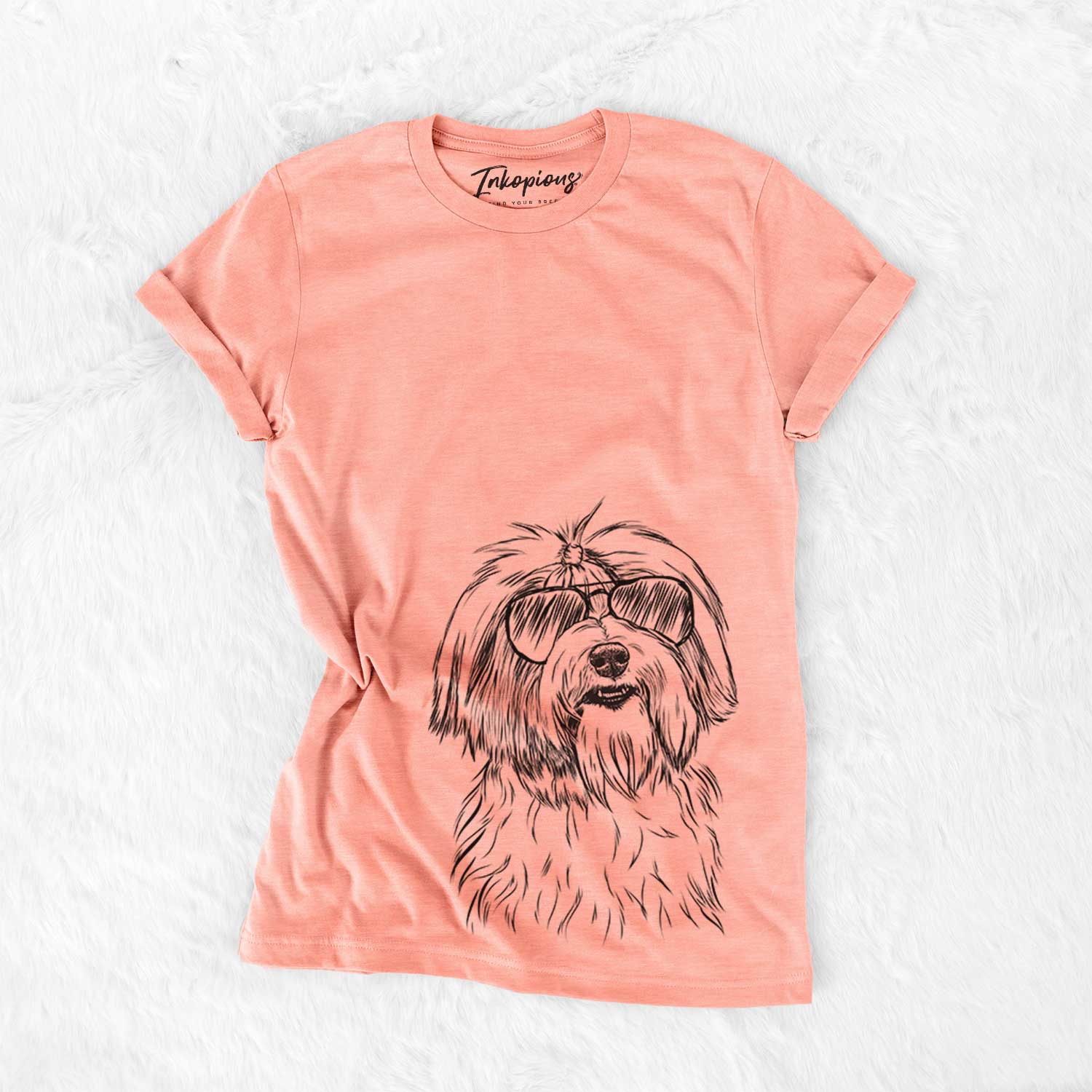 Hand-drawn sketch of Dooley the Havanese wearing aviator sunglasses on a Sunset Bella Canvas Unisex Crewneck