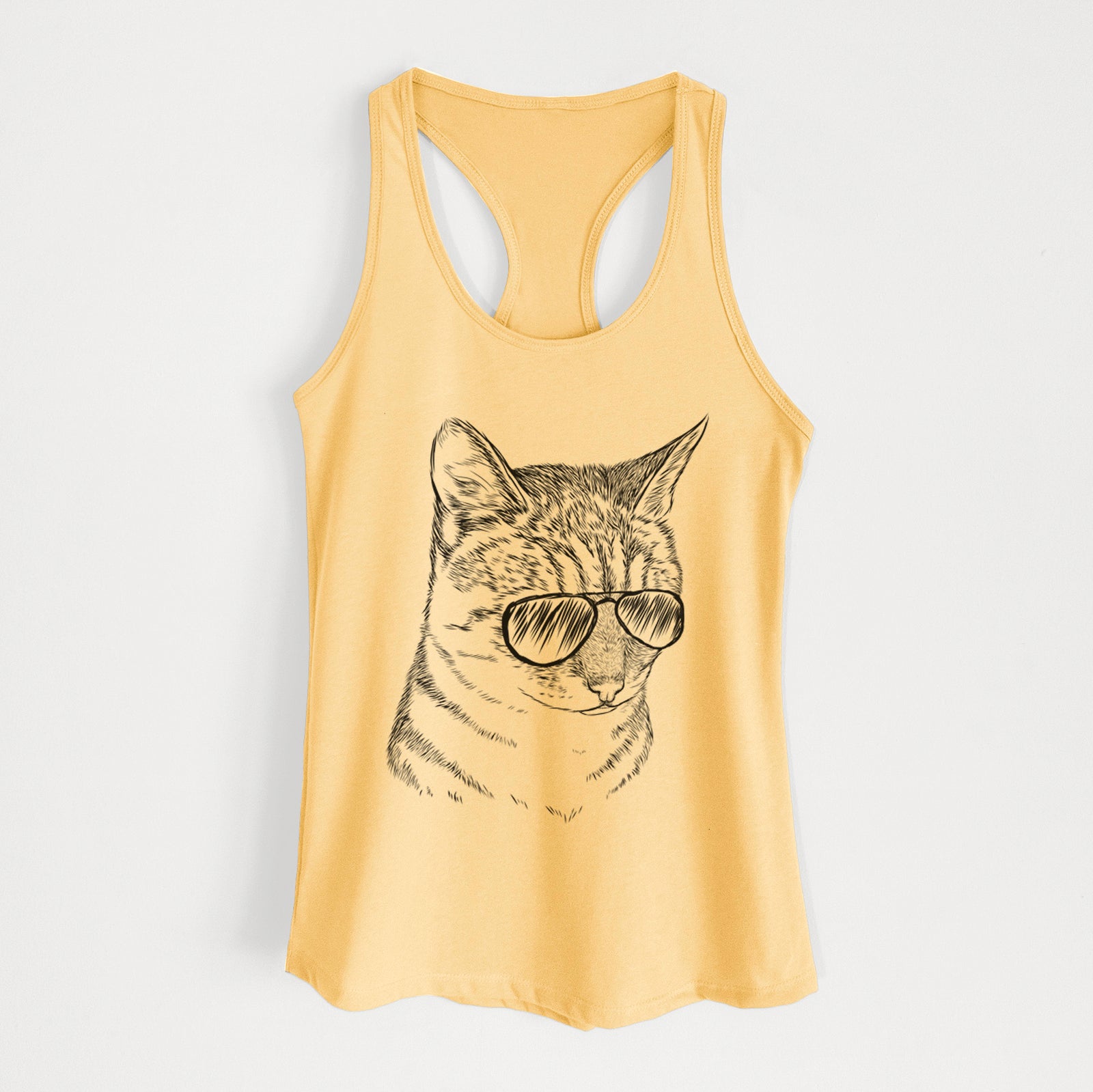 Hand-drawn sketch of Dora the Tabby Cat wearing aviator sunglasses on a Banana Cream Women's racerback tanktop