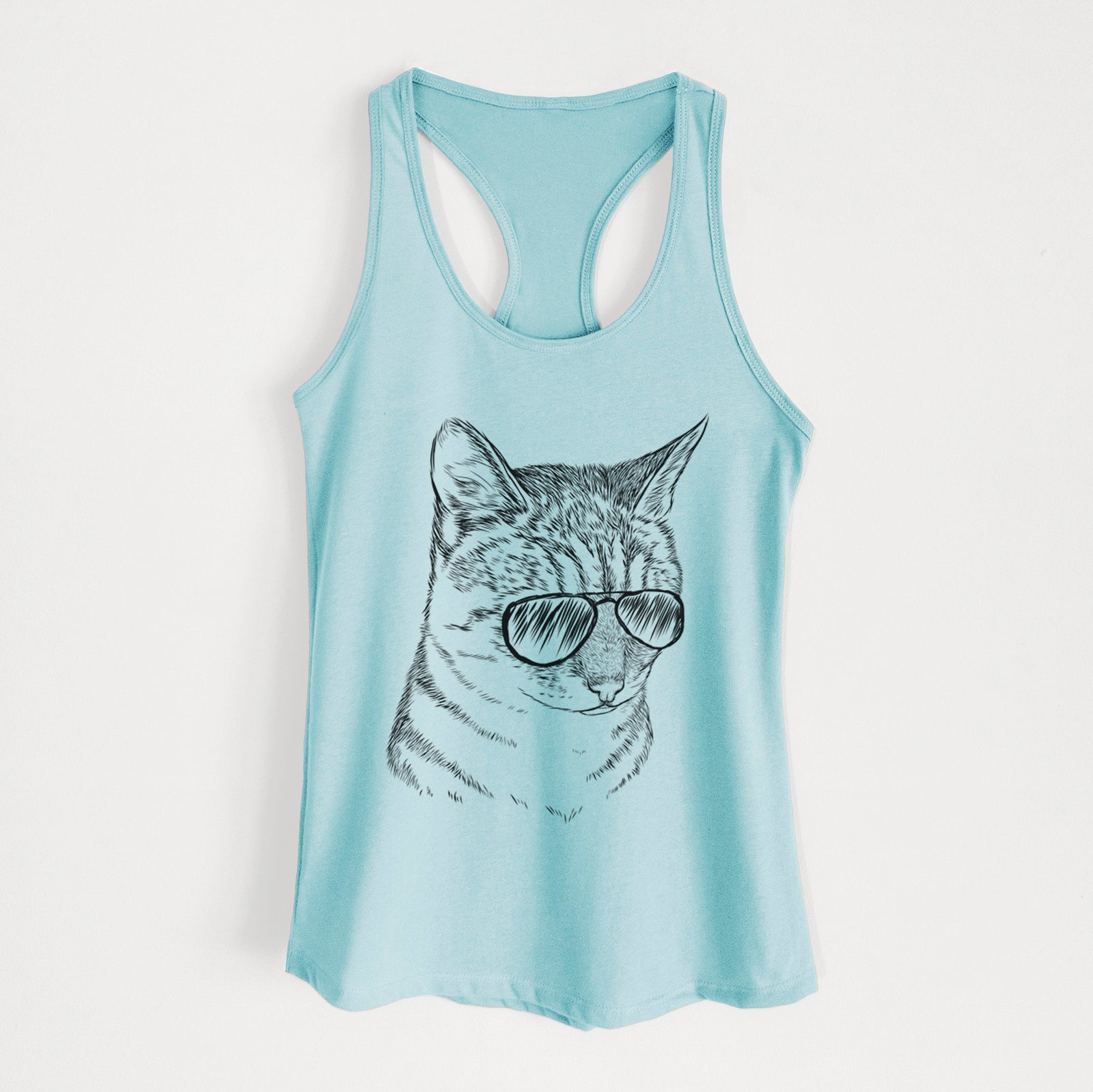 Hand-drawn sketch of Dora the Tabby Cat wearing aviator sunglasses on a Cancun Blue Women's racerback tanktop