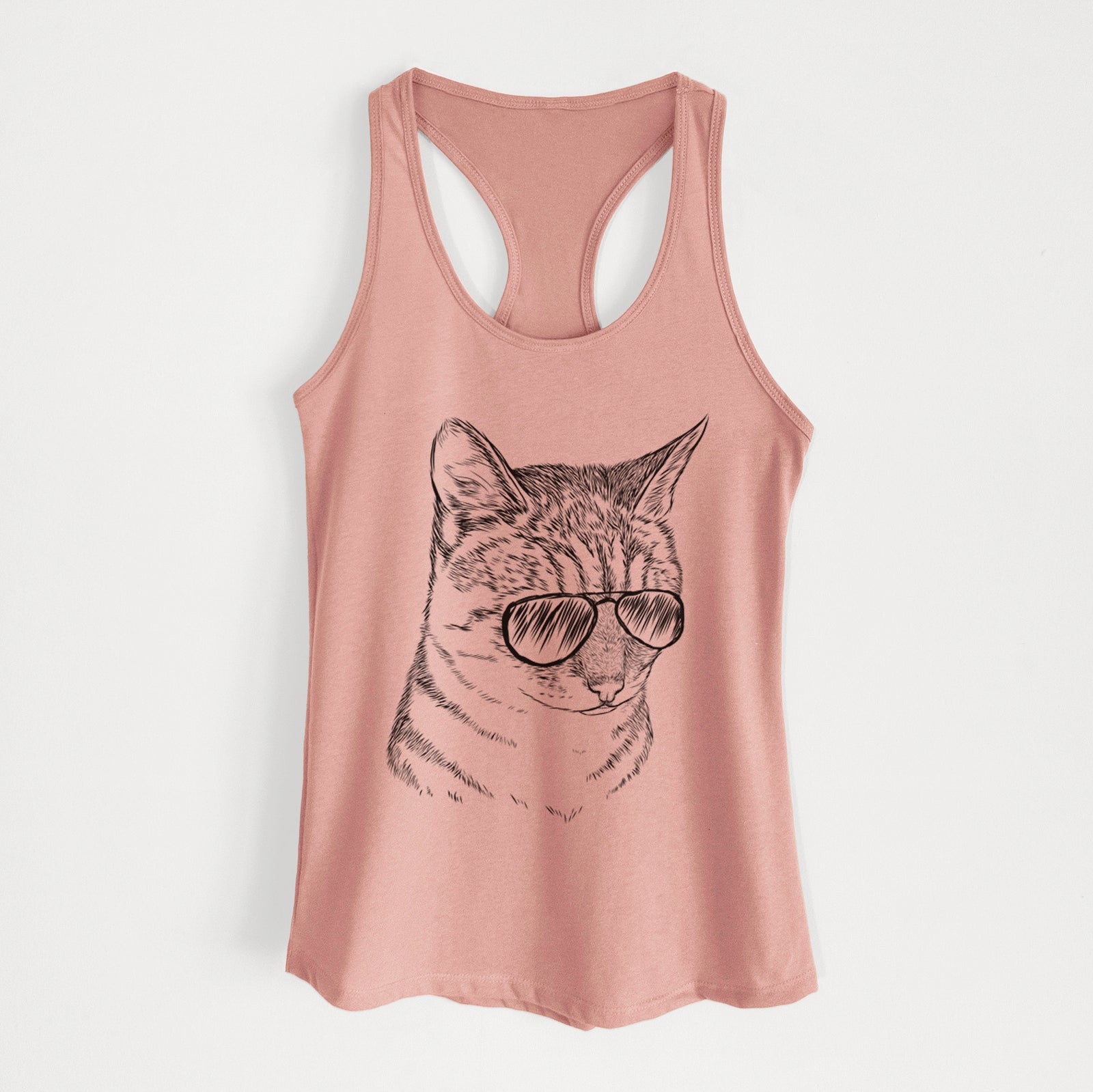 Hand-drawn sketch of Dora the Tabby Cat wearing aviator sunglasses on a Desert Pink Women's racerback tanktop