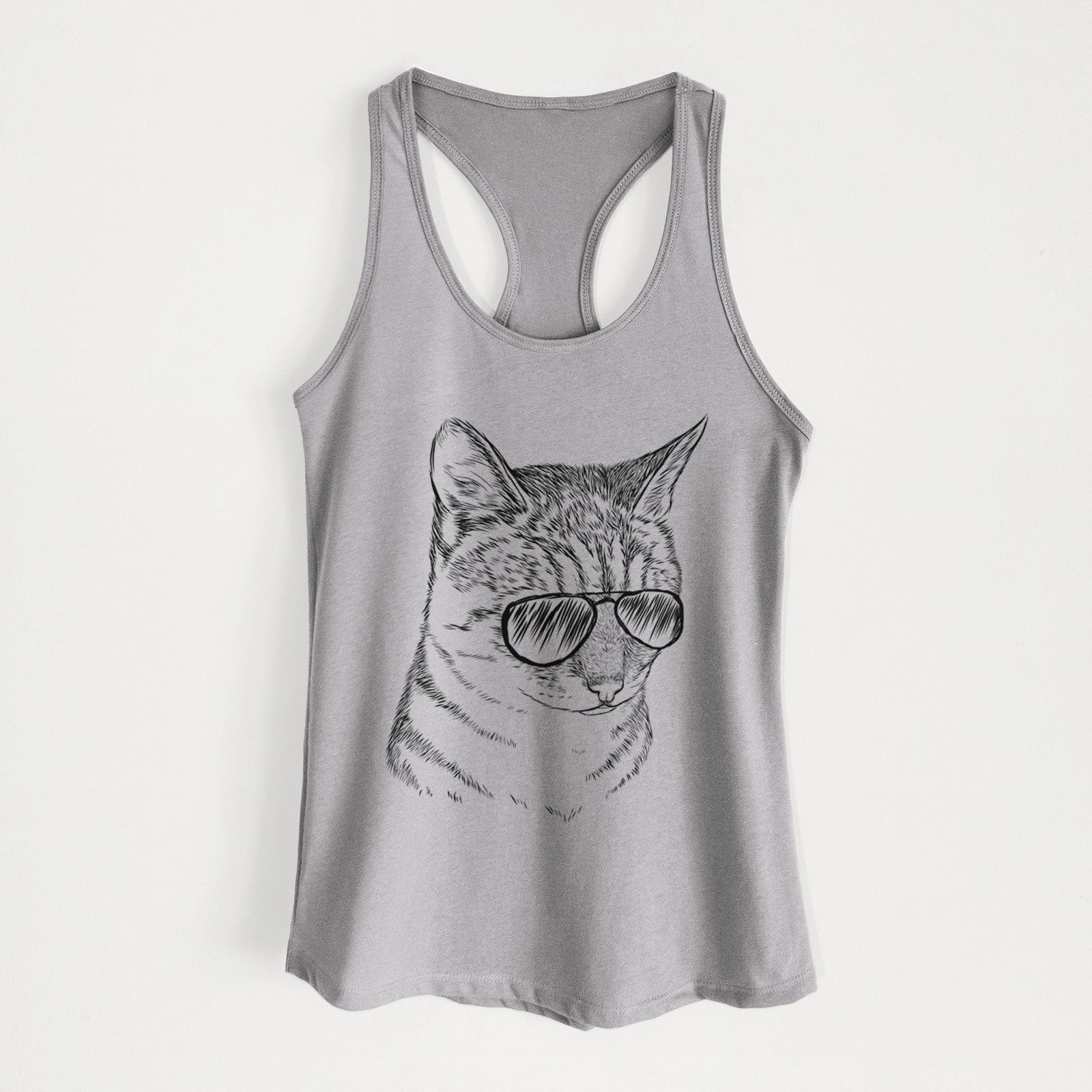 Hand-drawn sketch of Dora the Tabby Cat wearing aviator sunglasses on a Heather Grey Women's racerback tanktop