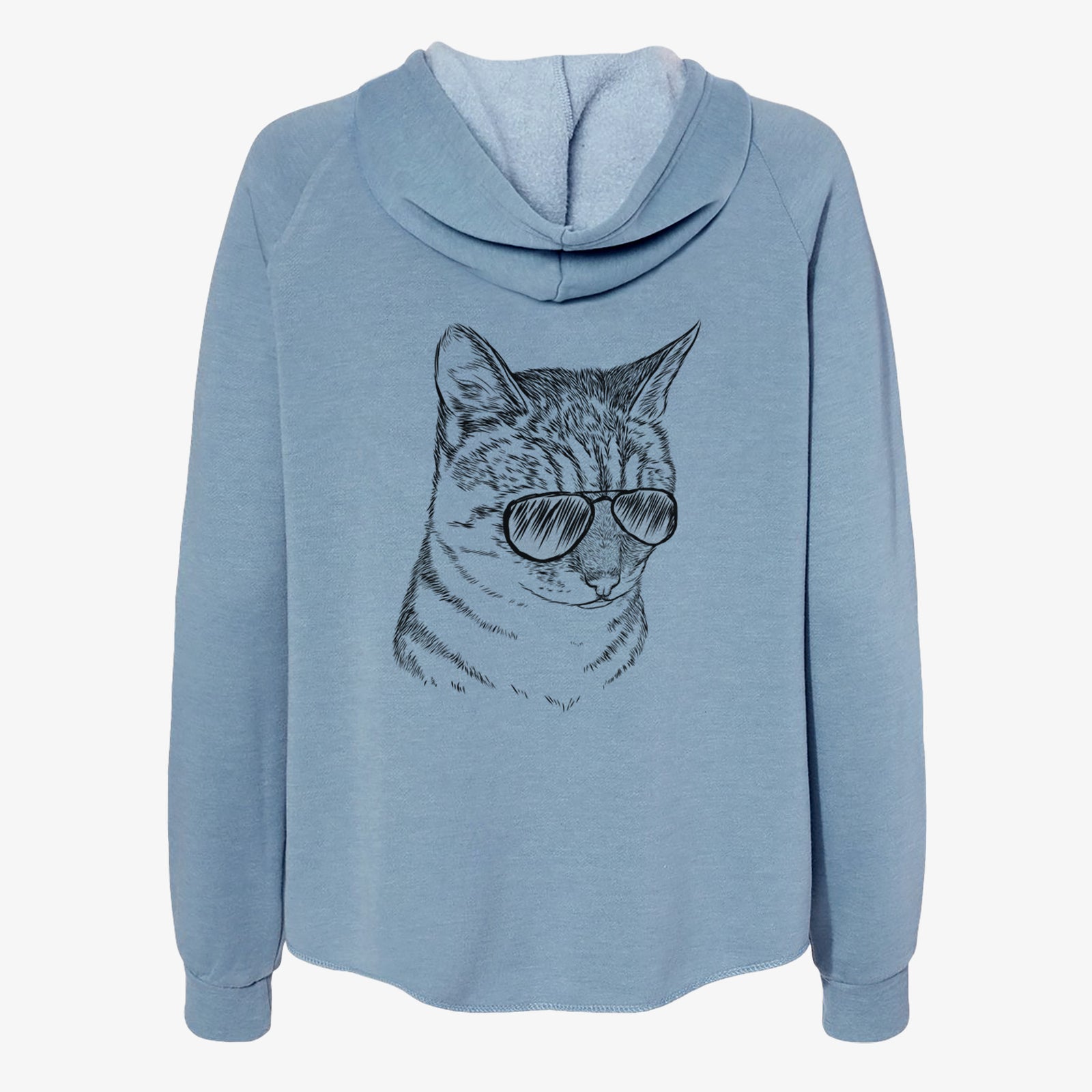 Hand-drawn sketch of Dora the Tabby Cat wearing aviator sunglasses on a Misty Blue Women's cali wave zip-up sweatshirt