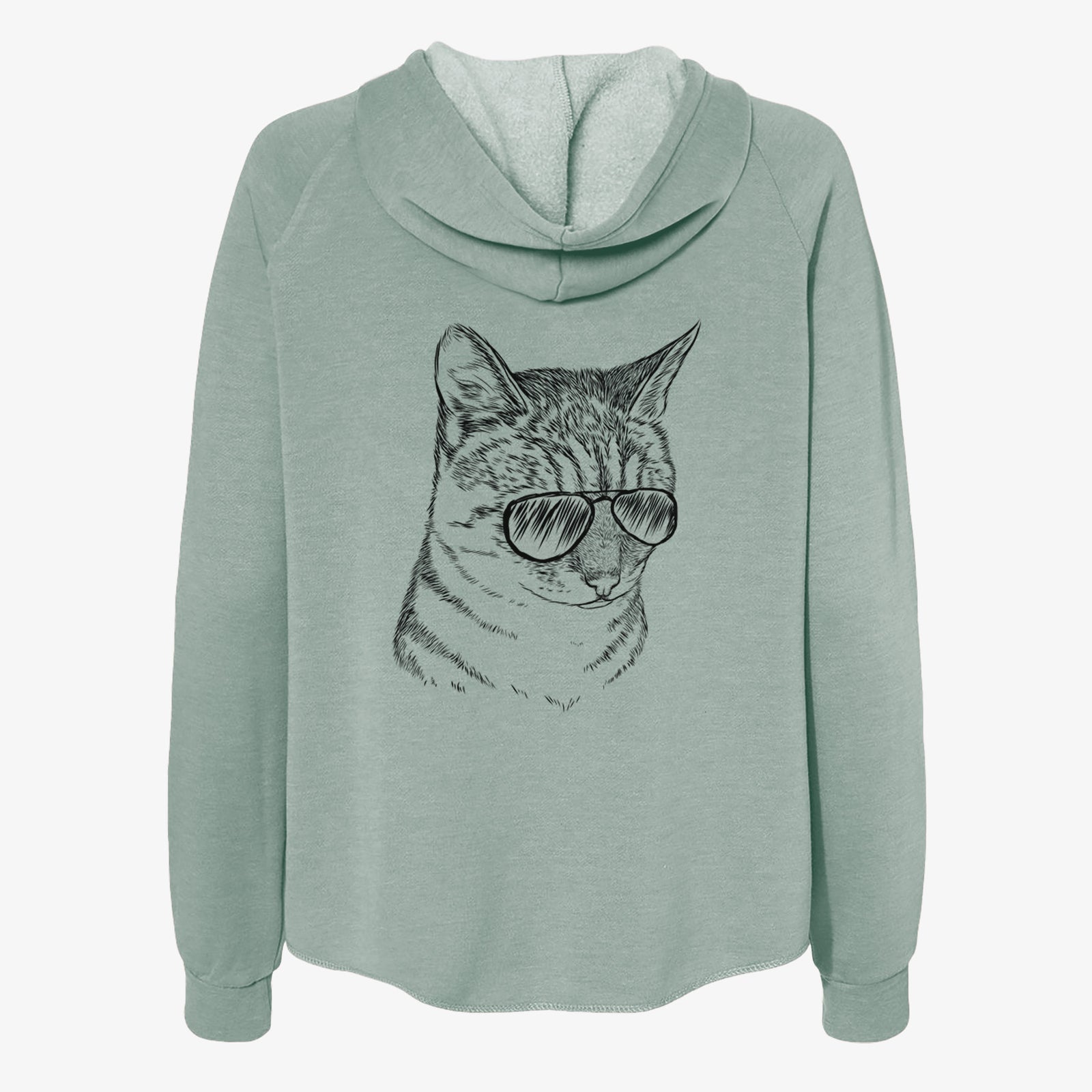 Hand-drawn sketch of Dora the Tabby Cat wearing aviator sunglasses on a Sage Women's cali wave zip-up sweatshirt