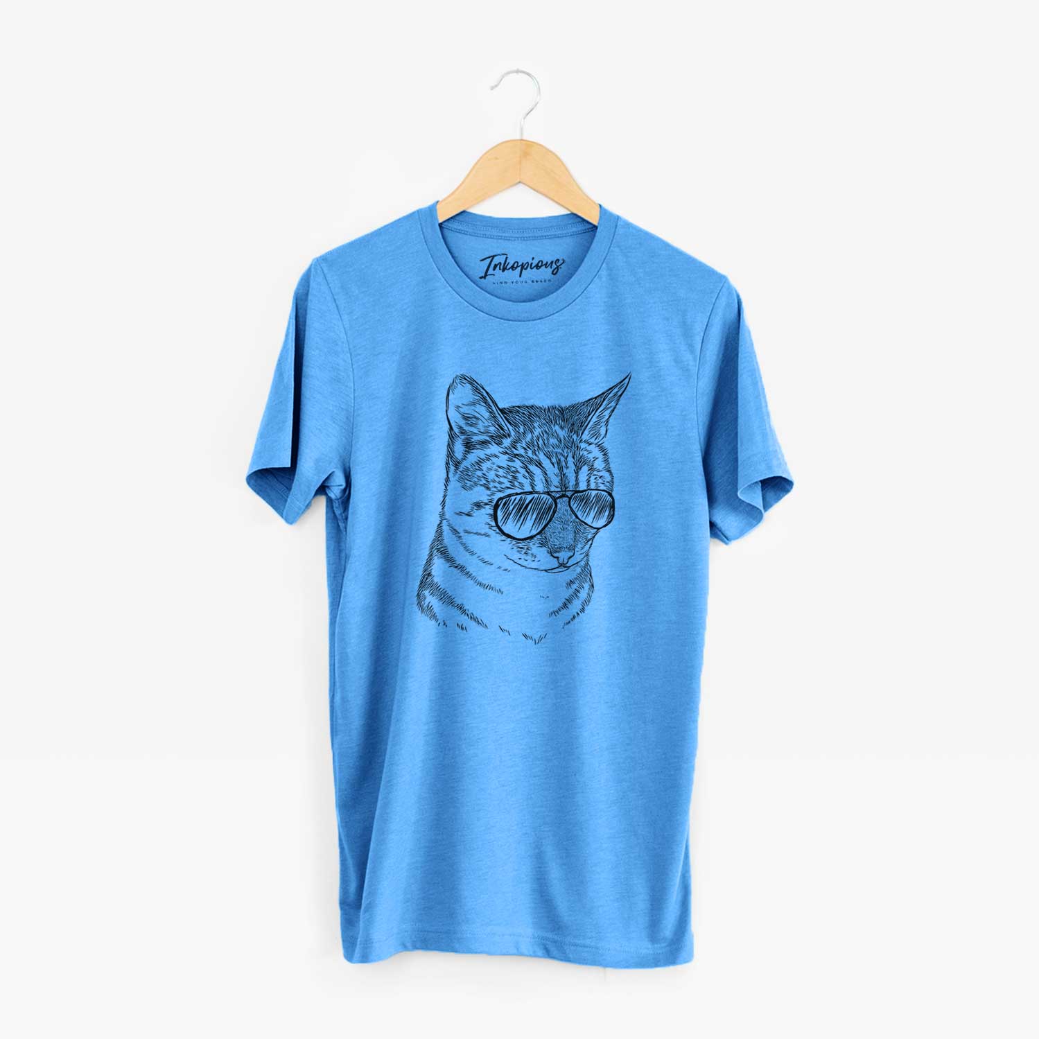 Hand-drawn sketch of Dora the Tabby Cat wearing aviator sunglasses on a Blue Unisex crewneck