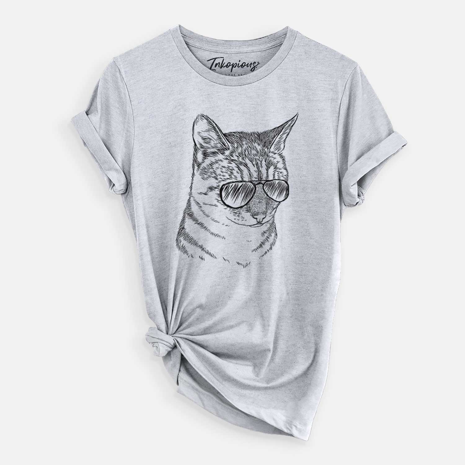 Hand-drawn sketch of Dora the Tabby Cat wearing aviator sunglasses on a Grey Unisex crewneck