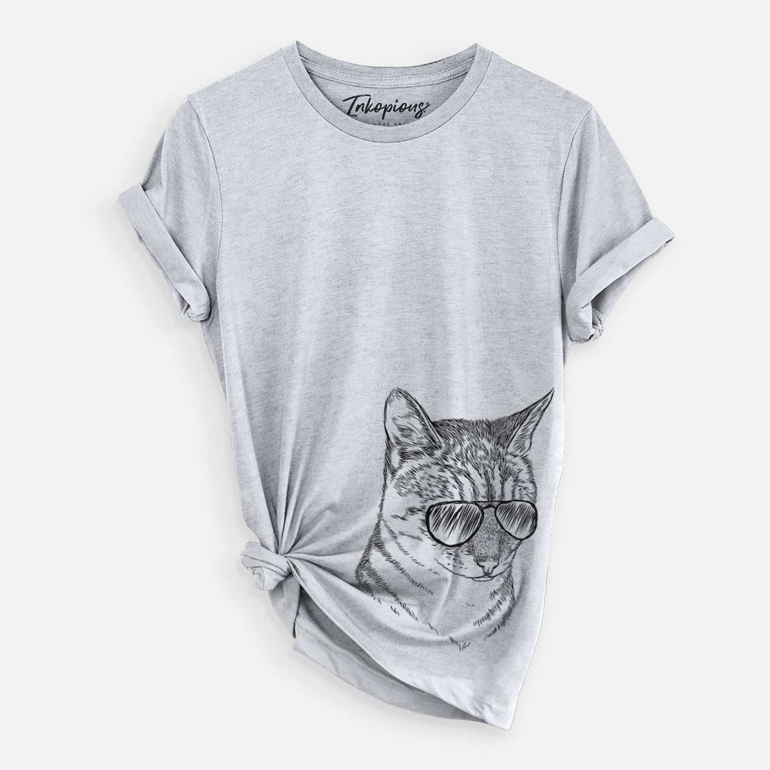 Hand-drawn sketch of Dora the Tabby Cat wearing aviator sunglasses on a Grey Unisex crewneck